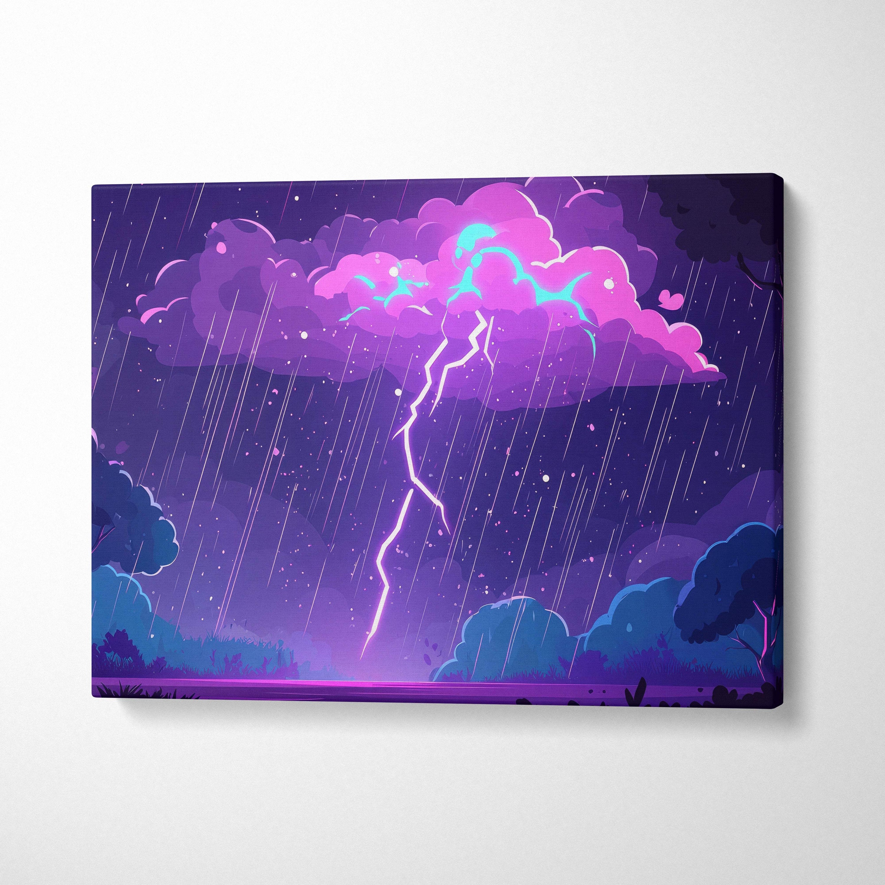 Neon lightning storm canvas art featuring purple and pink neon lightning with glowing clouds and rain in vibrant cartoon style