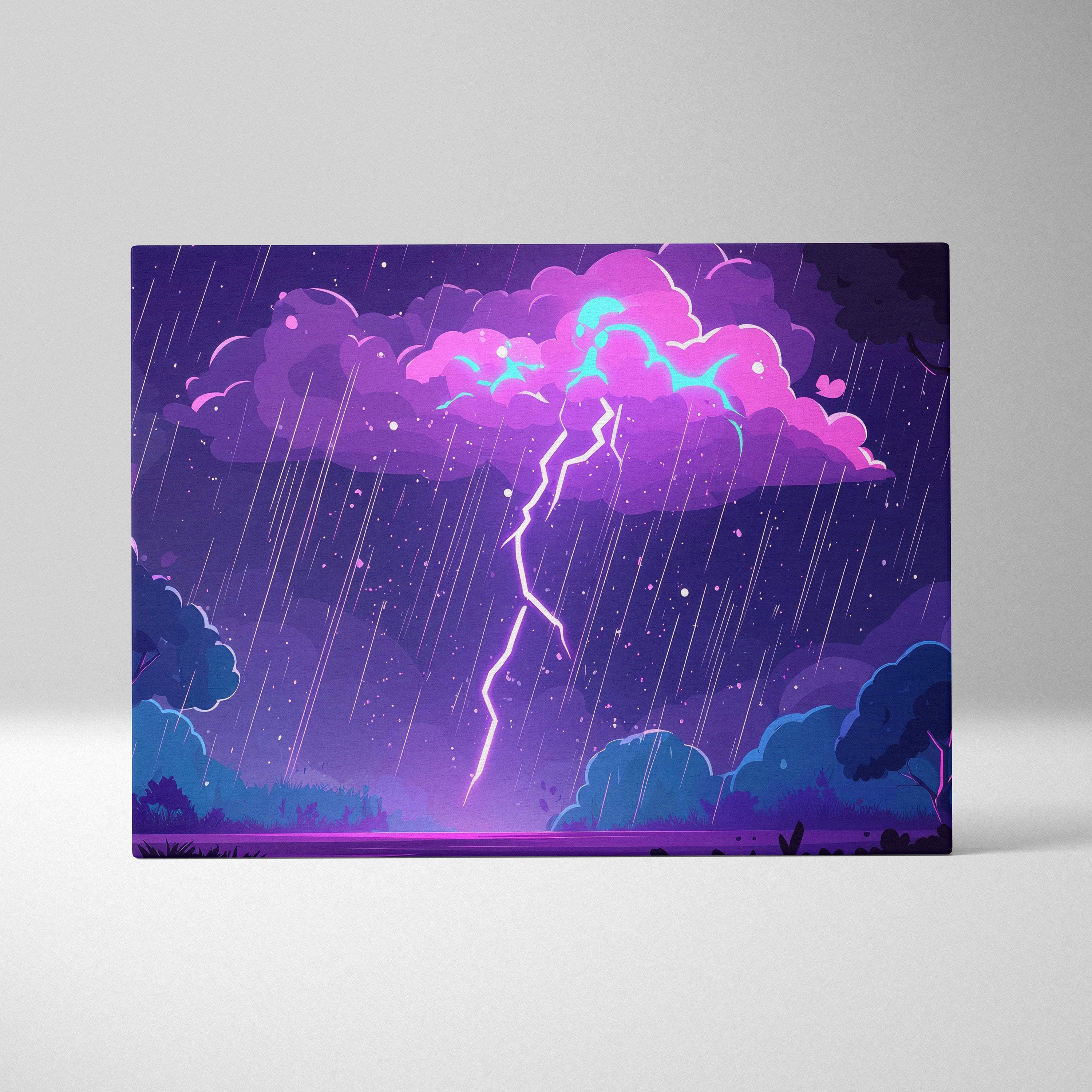 Neon lightning storm canvas art featuring vibrant purple and pink stylized clouds and rain in a fantasy landscape