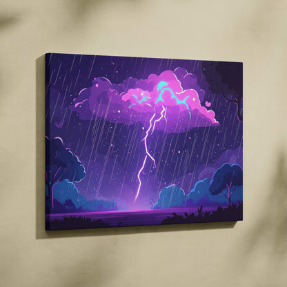 Neon lightning storm canvas art features purple and pink neon lightning on a stormy night sky in vibrant cartoon style