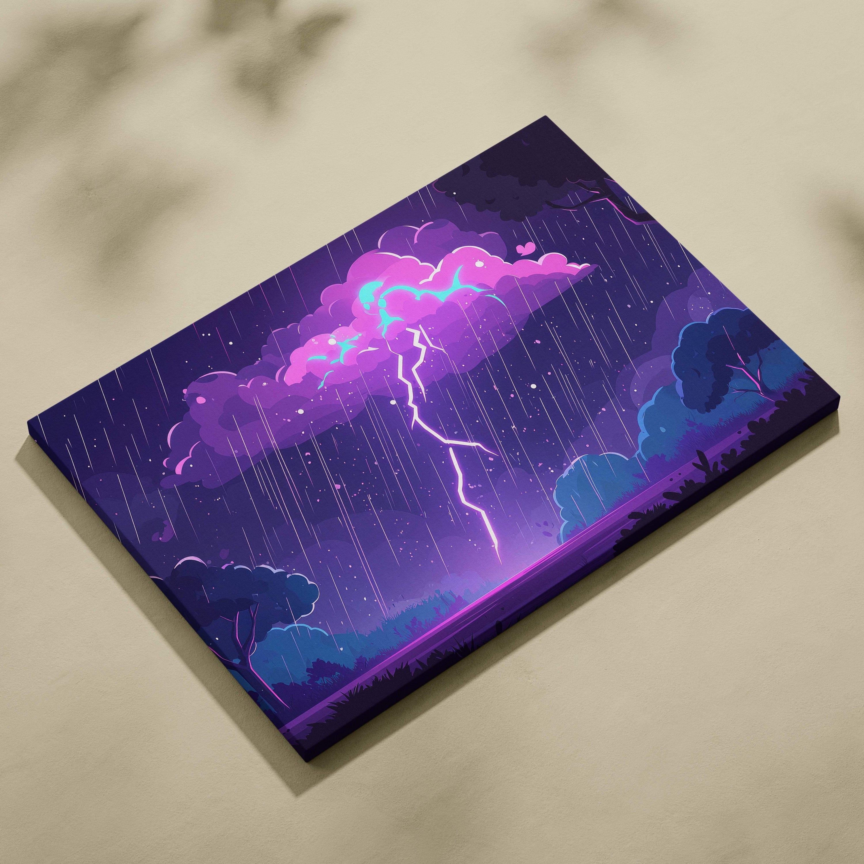 Neon lightning storm canvas art featuring purple and pink neon lightning with stylized clouds and rain in vibrant cartoon style