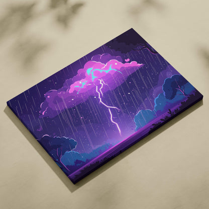 Neon lightning storm canvas art featuring purple and pink neon lightning with stylized clouds and rain in vibrant cartoon style