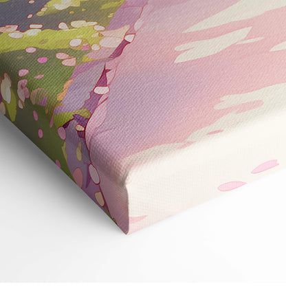 Pink cherry blossom path canvas wall art with soft pink lavender green hues and circular accents in dreamy spring decor