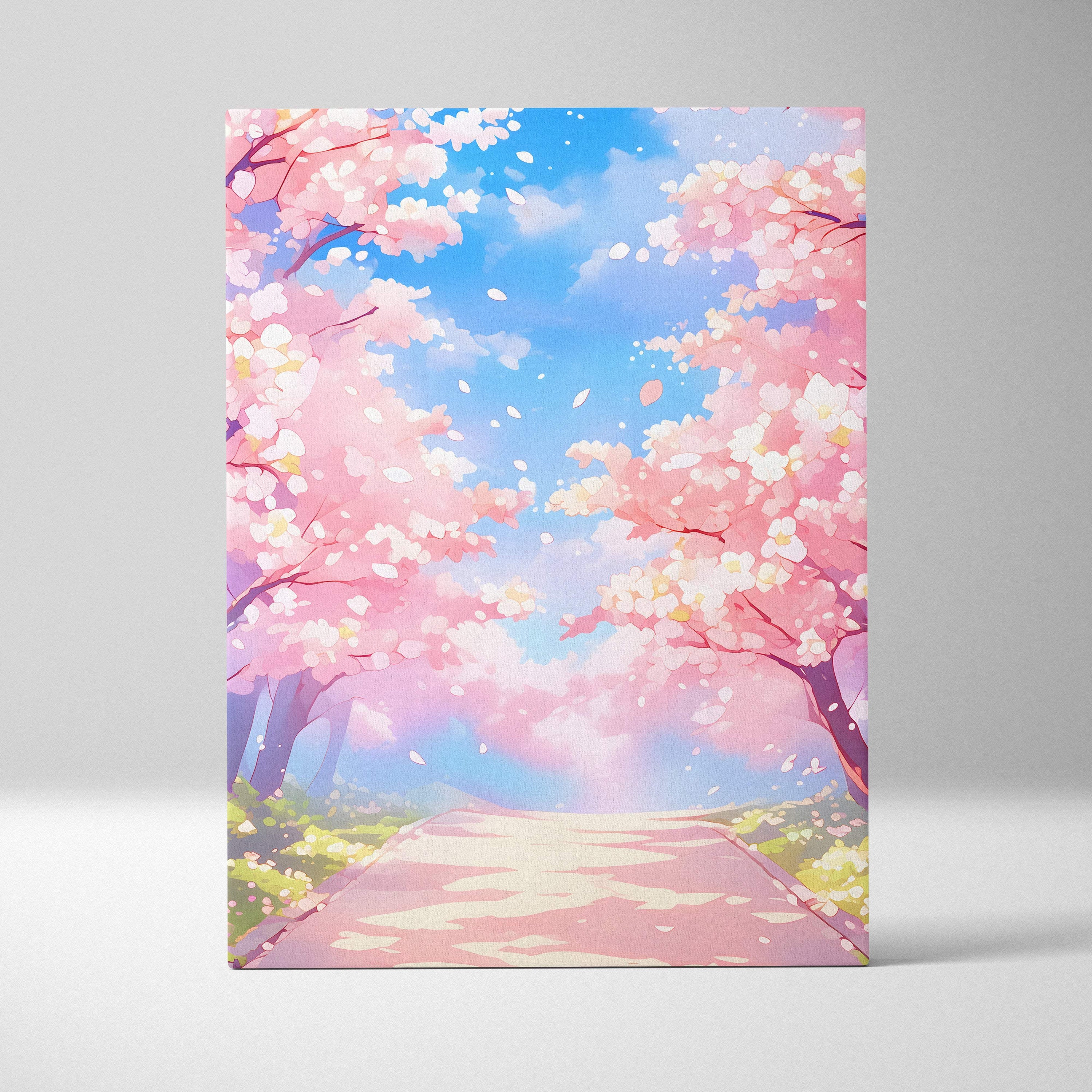 Rectangular canvas wall art featuring a vibrant anime-style pink cherry blossom pathway under a bright blue sky