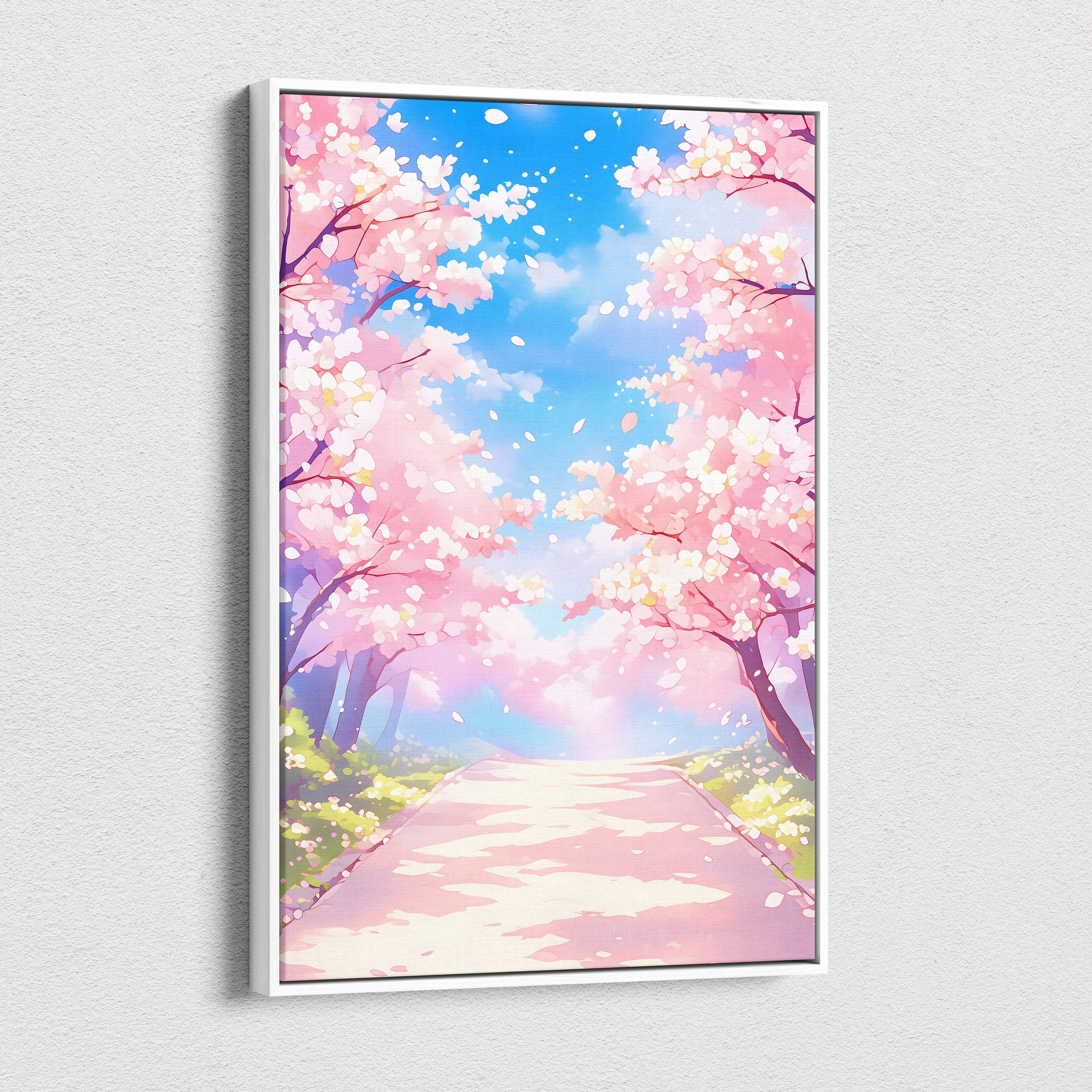 A framed canvas wall art of a pink cherry blossom path under a soft blue sky with falling petals in pastel anime style