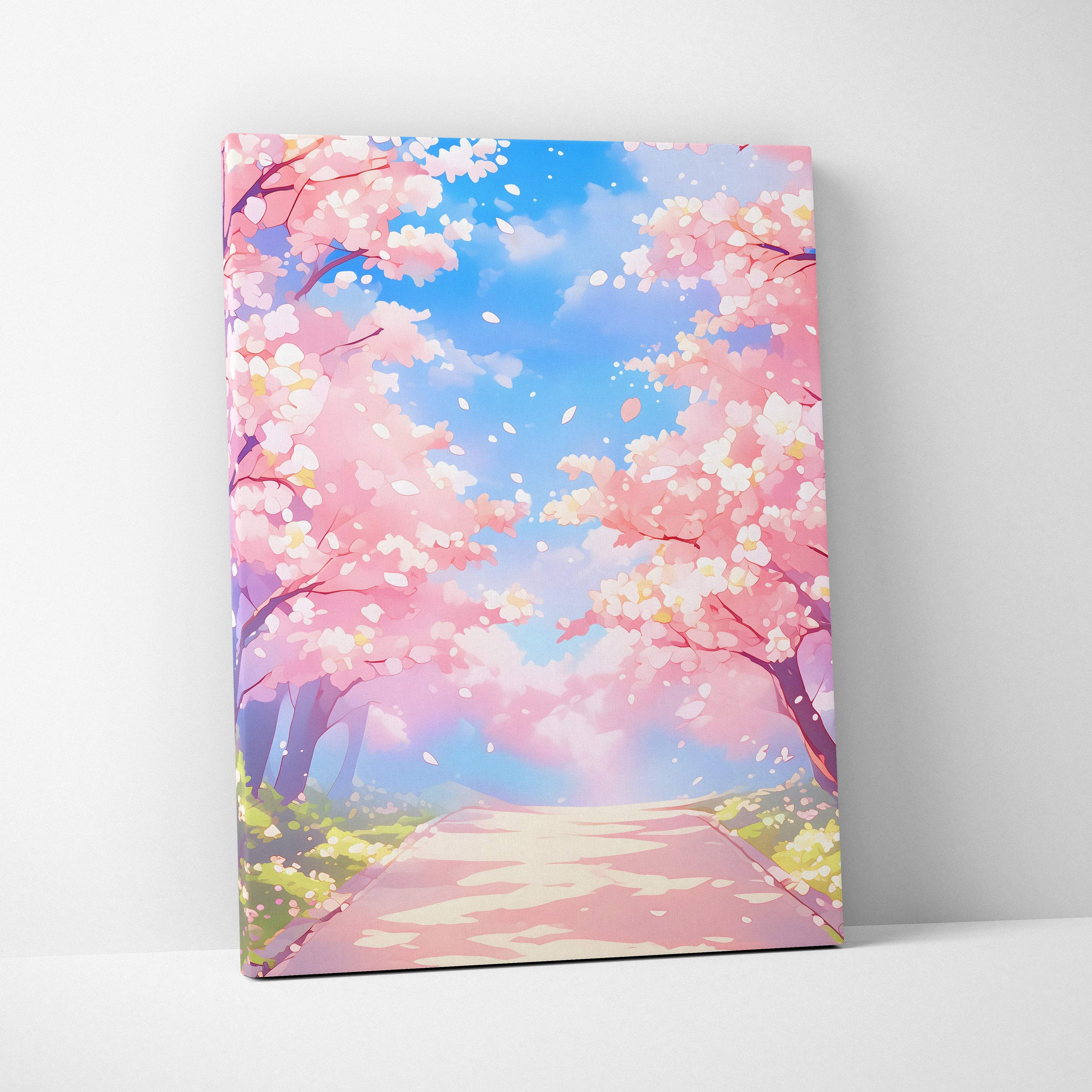 Rectangular canvas print of a vibrant pink cherry blossom pathway under a bright blue sky with falling petals in anime style
