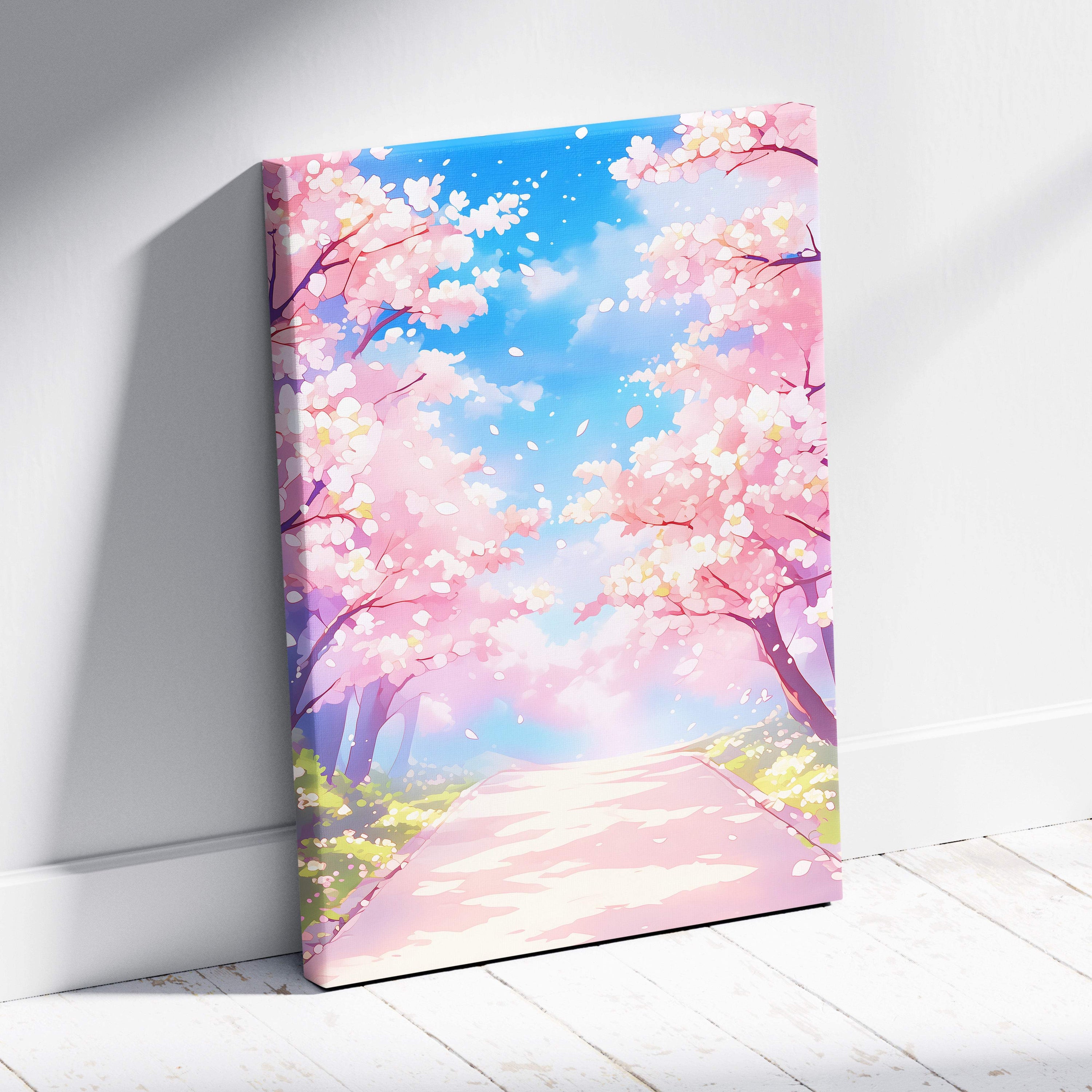 Pink cherry blossom path canvas wall art featuring vibrant pink and white flowers with blue sky and falling petals