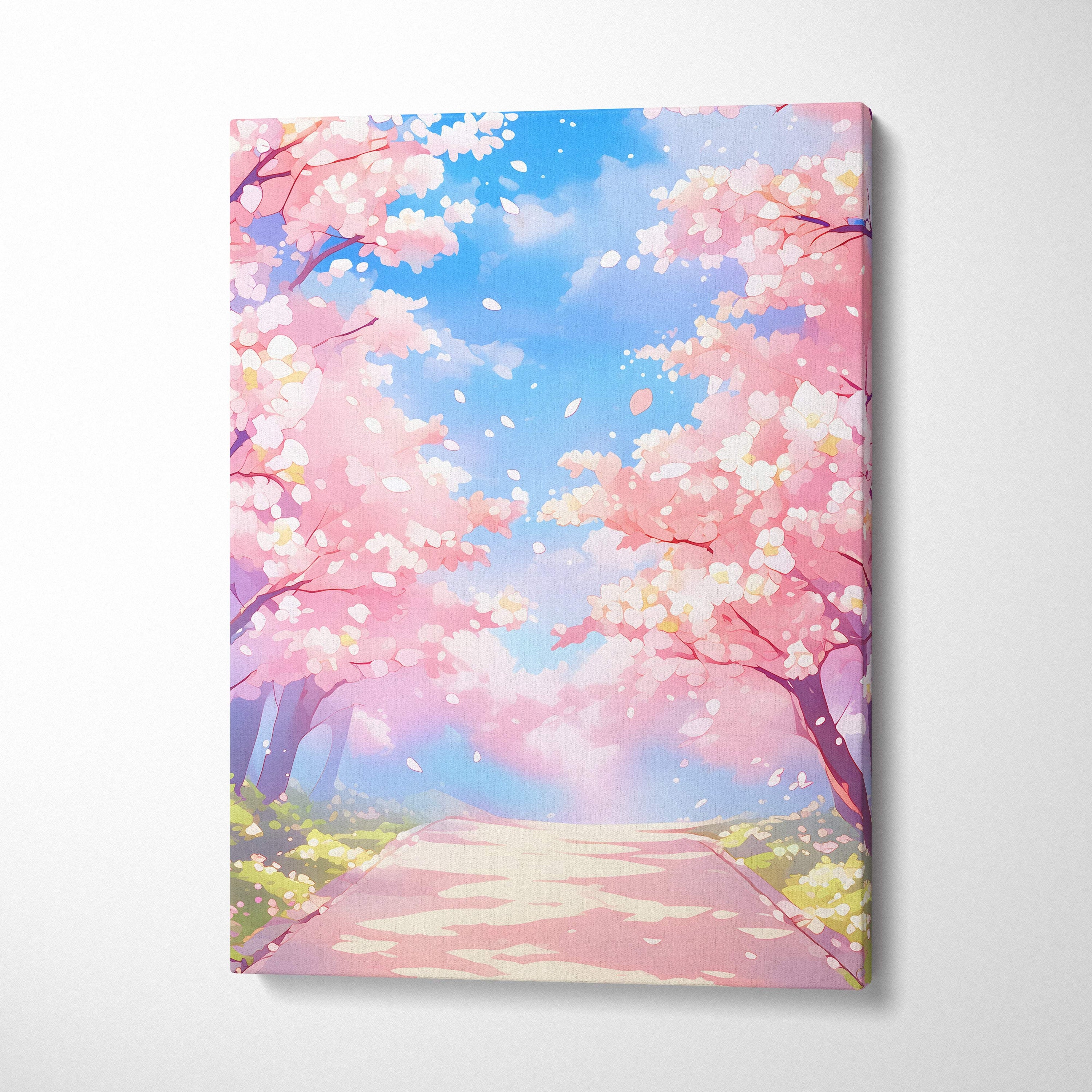Rectangular canvas wall art featuring a vibrant anime-style pink cherry blossom path with blue sky and falling petals
