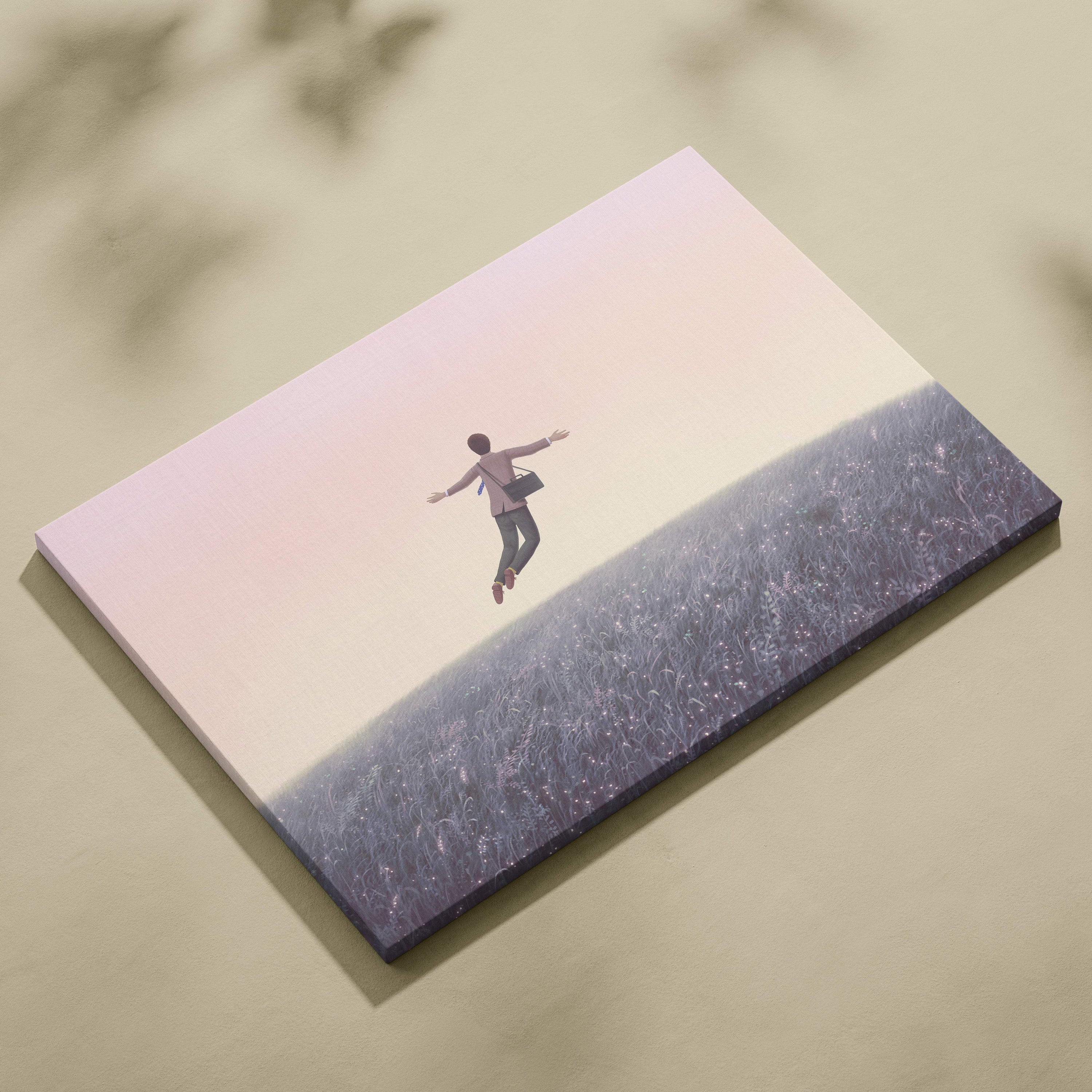 Contemporary floating man canvas wall art depicting a minimalist figure leaping over grass under a pastel pink sky