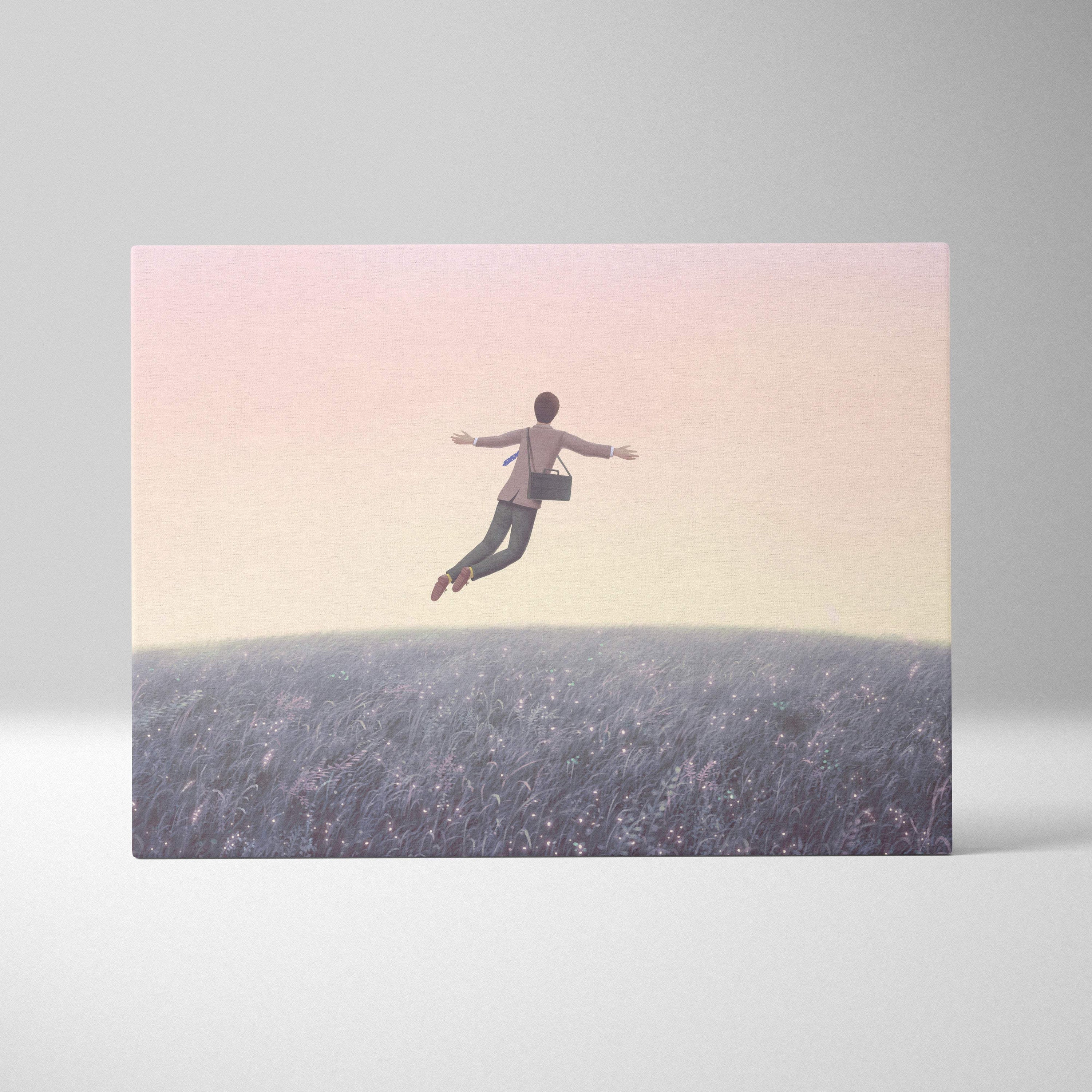 A rectangular canvas print of a floating man holding a black briefcase above a pastel dreamscape field