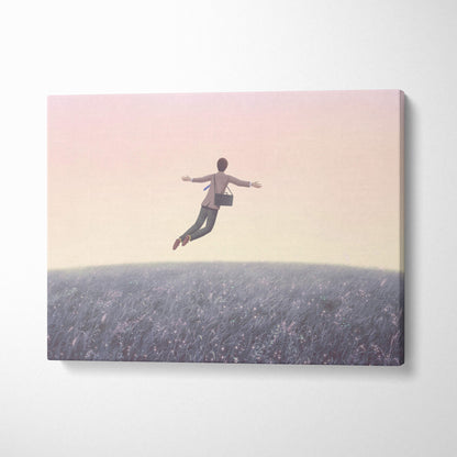 Contemporary floating man rectangular canvas print with pastel pink and yellow gradient sky and surreal figure above field