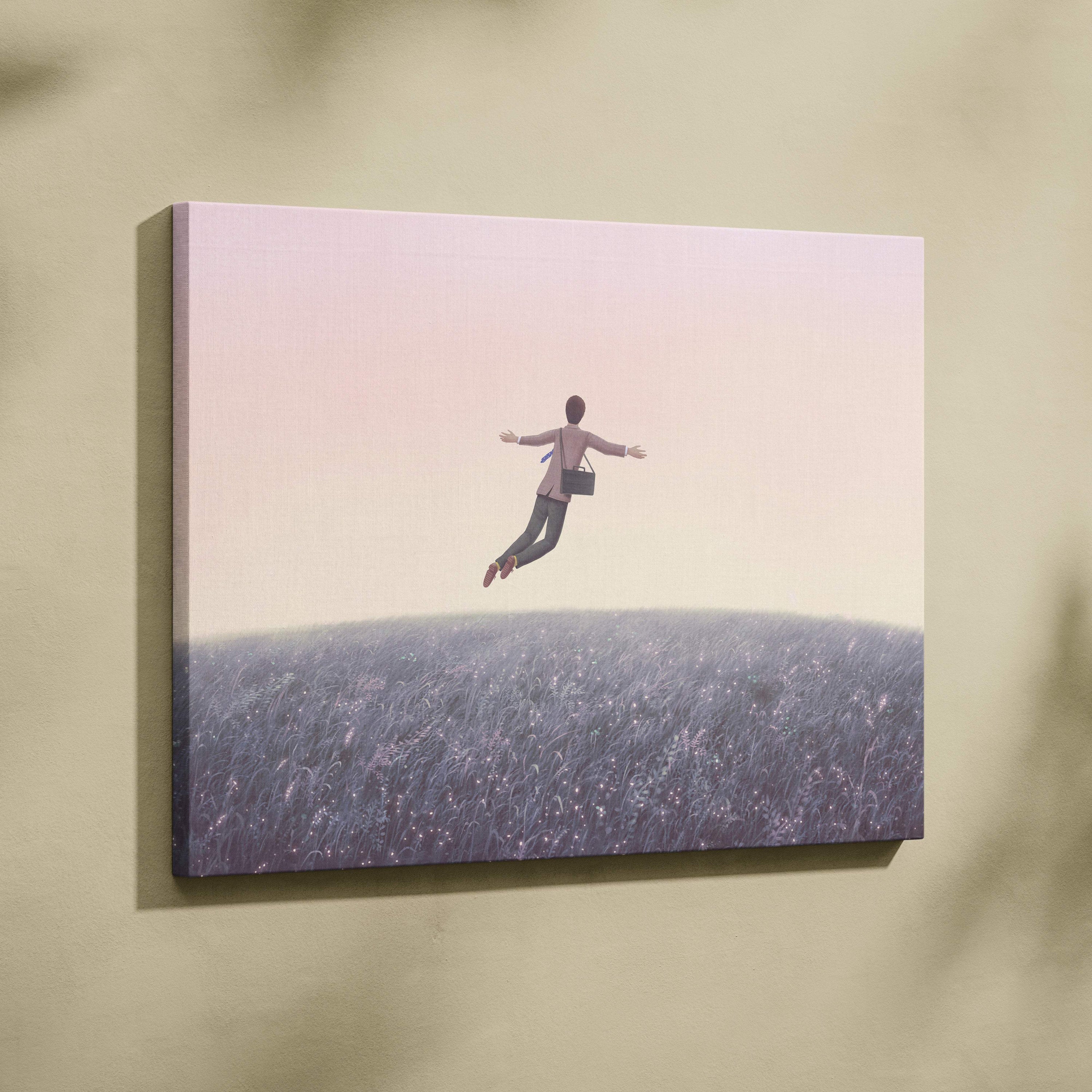 A rectangular canvas print of a stylized person leaping over a pastel dreamscape field under a pink and beige sky