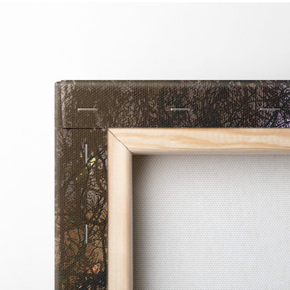 Autumn waterfall landscape canvas print with light wooden frame and dark textured stitched border