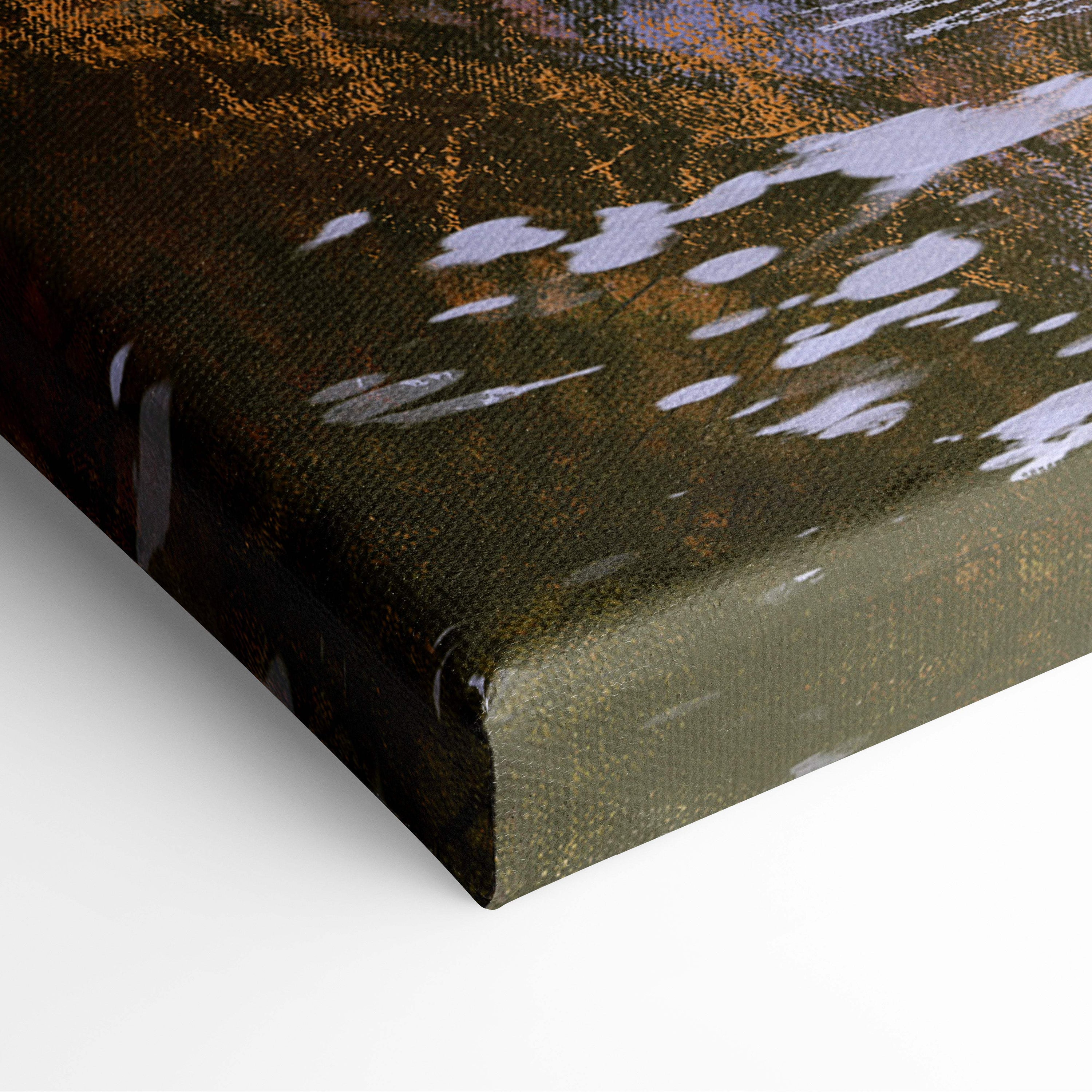 A textured canvas print of an abstract autumn waterfall landscape with earthy brown olive tones and white brushstrokes