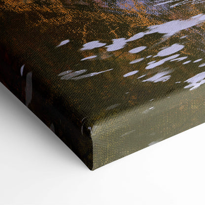 A textured canvas print of an abstract autumn waterfall landscape with earthy brown olive tones and white brushstrokes