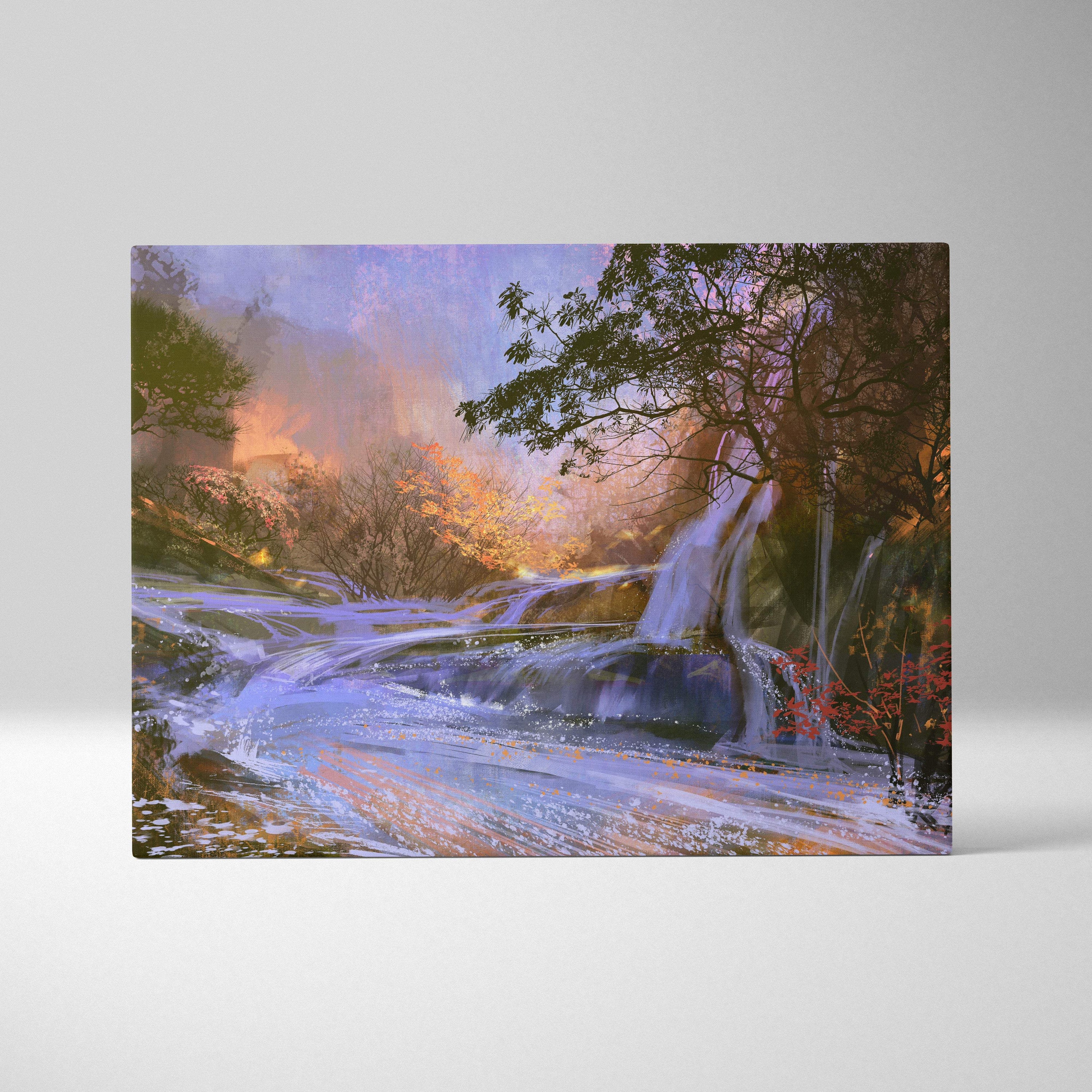 A rectangular canvas print of an autumn waterfall landscape with colorful trees and misty warm sunset skies