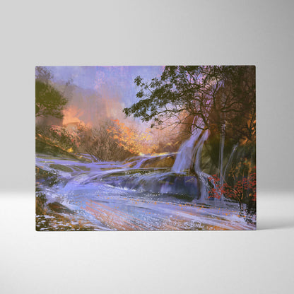 A rectangular canvas print of an autumn waterfall landscape with colorful trees and misty warm sunset skies