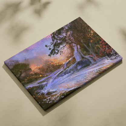 A rectangular canvas print of an autumn waterfall landscape with red and orange trees and a soft purple dusk sky