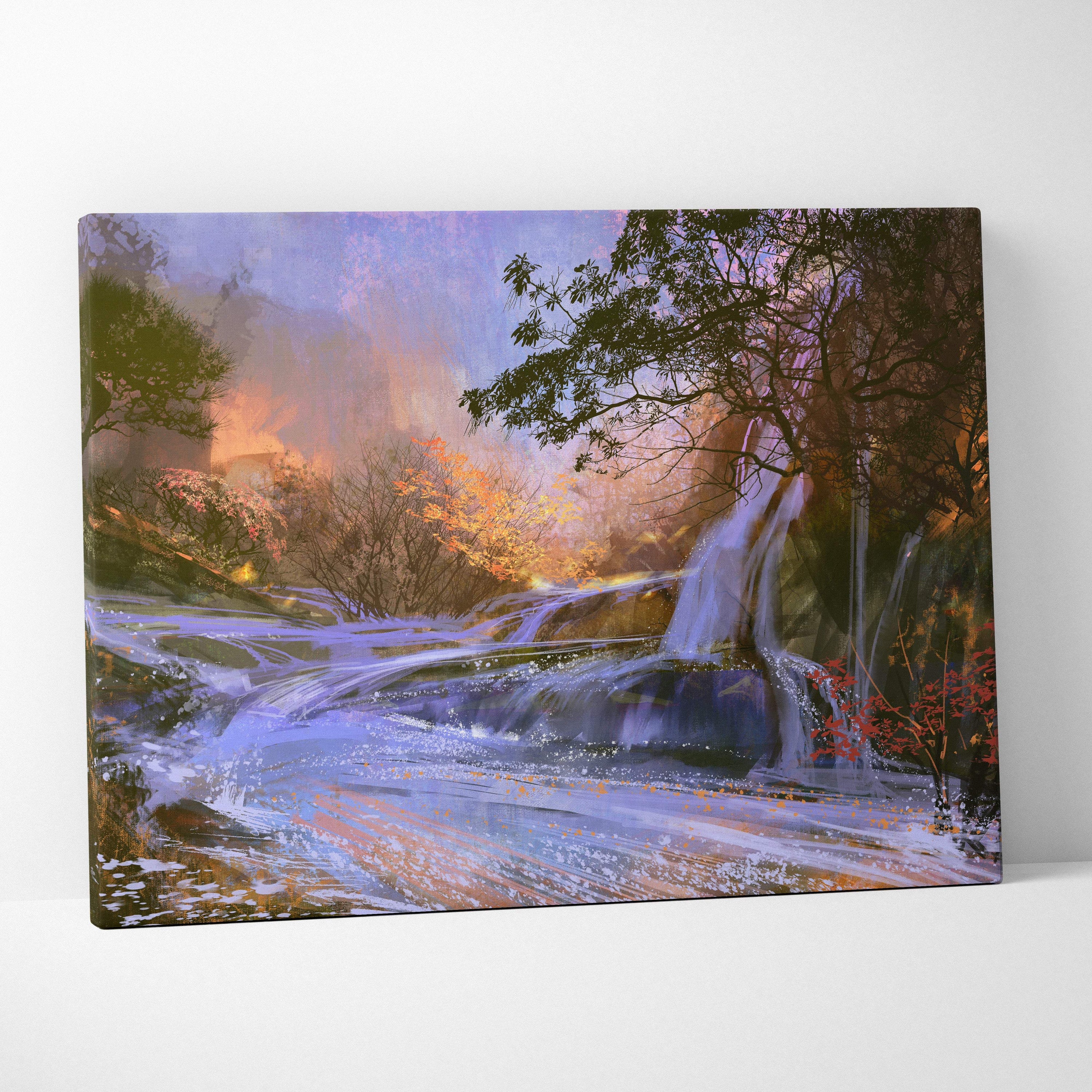 A rectangular canvas print of an autumn waterfall landscape with purple orange and green hues for wall art decor