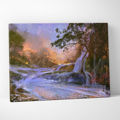 A rectangular canvas print of an autumn waterfall landscape with purple orange and green hues for wall art decor