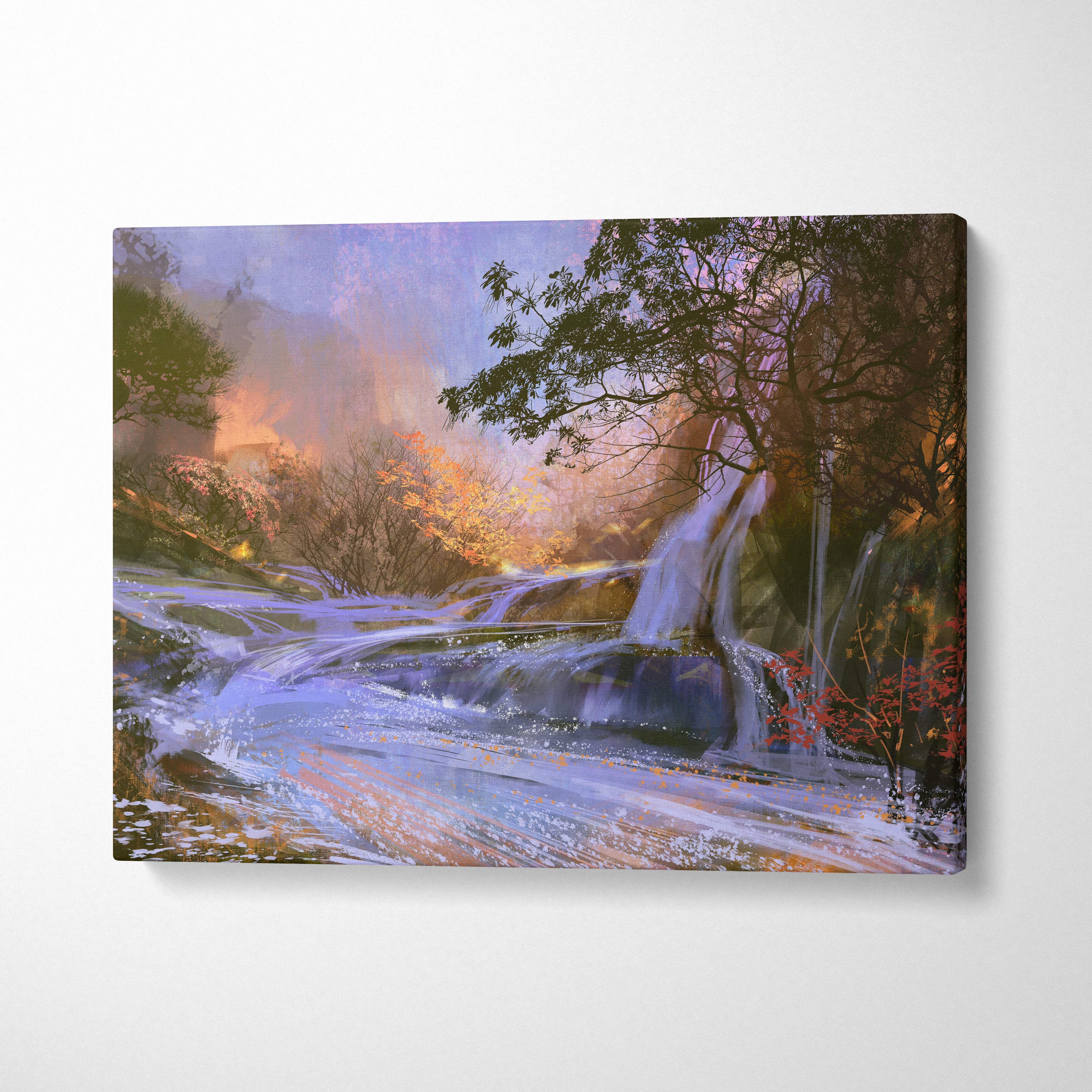 A rectangular canvas print of autumn waterfall landscape with flowing stream and warm sunset glow in serene forest