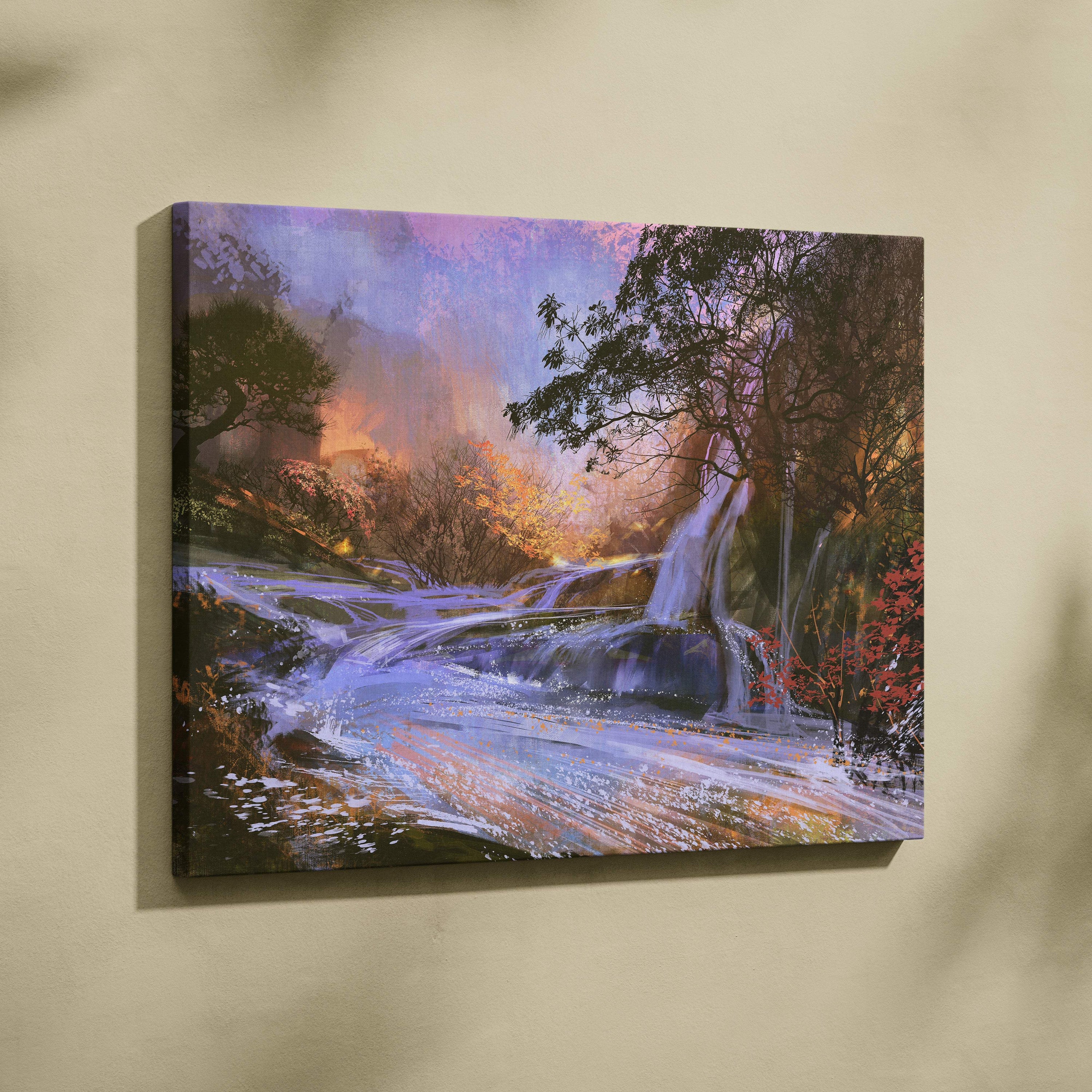 A rectangular canvas print of an autumn waterfall landscape with vibrant trees and a warm sunset glow