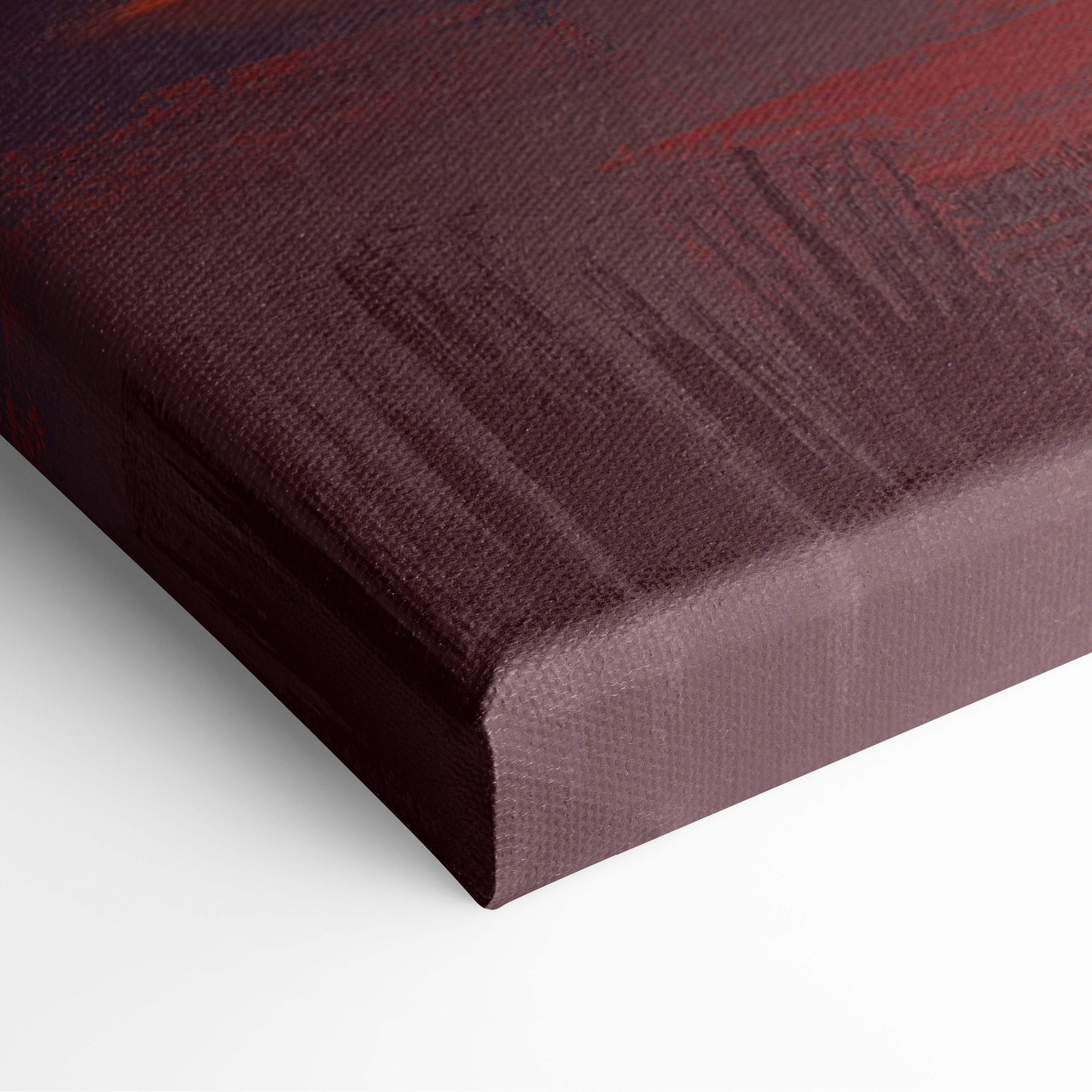 Vibrant sunset marsh painting style wall art with deep burgundy and reddish brown abstract brushstrokes on textured canvas