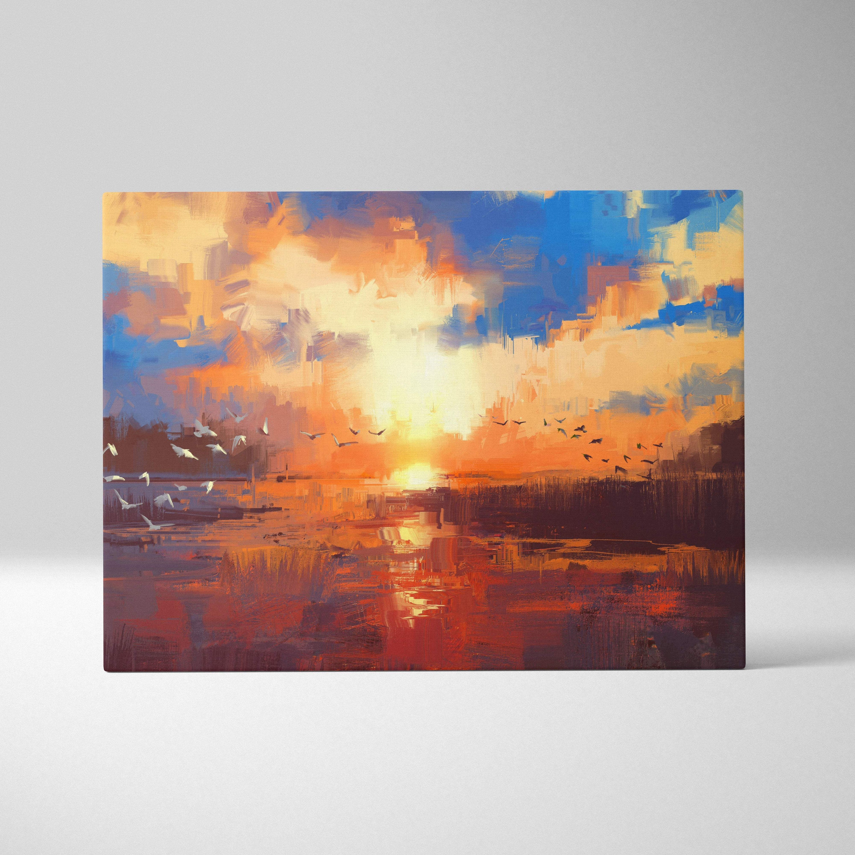 Vibrant sunset marsh canvas wall art featuring bold orange yellow and blue brushstrokes with flying birds over water