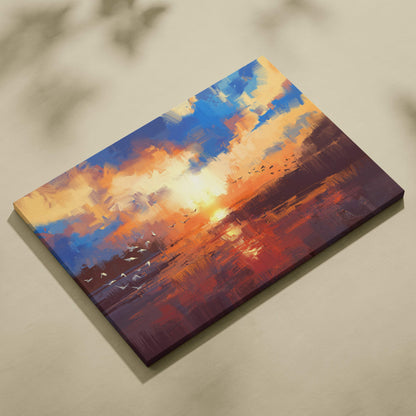 Vibrant sunset marsh painting style wall art canvas print with bold orange blue and gold brushstrokes of flying birds