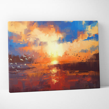 Vibrant sunset marsh painting style canvas print with bold orange yellow and blue brushstrokes of flying birds over water