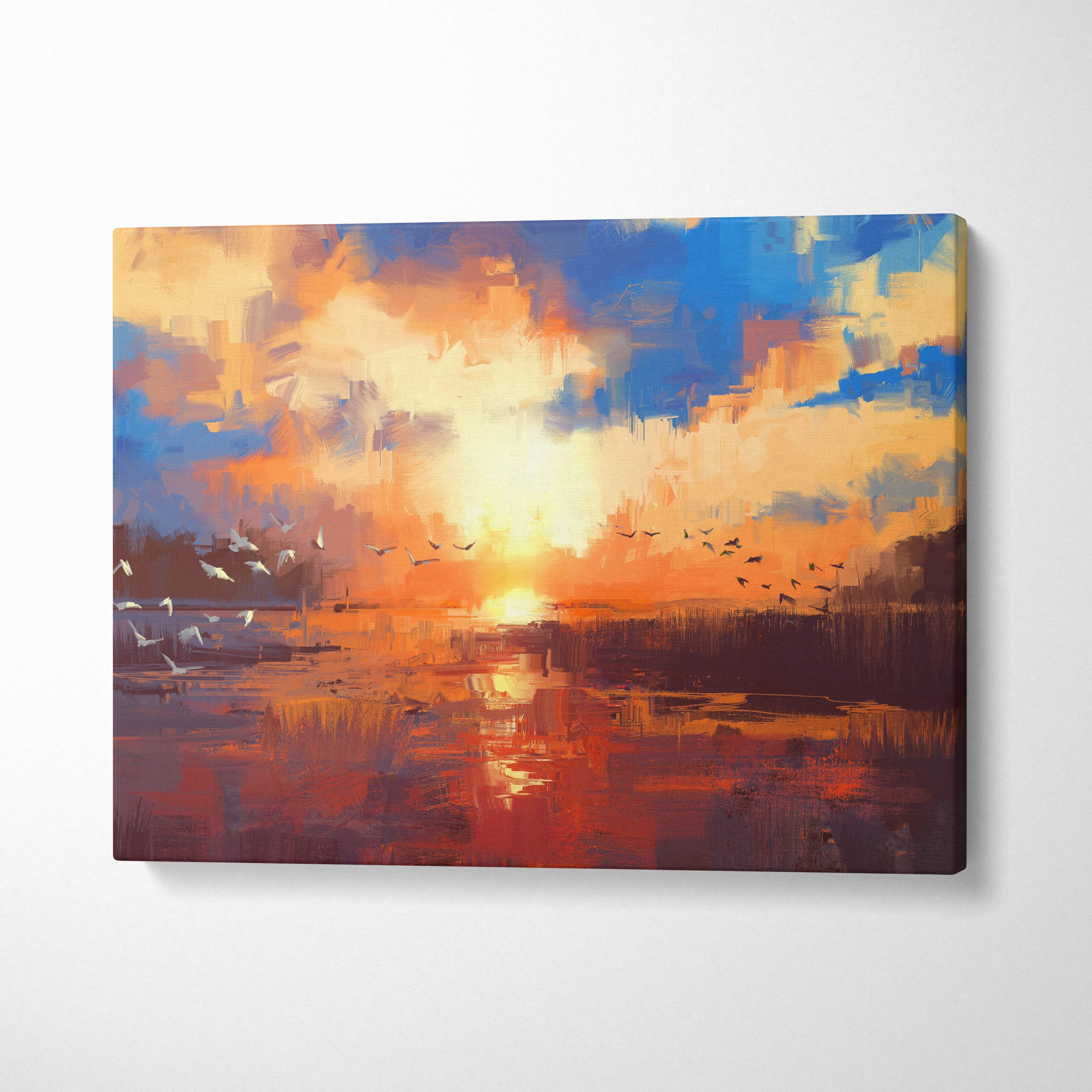 Vibrant sunset marsh canvas wall art with bold orange yellow blue brushstrokes and silhouetted flying birds