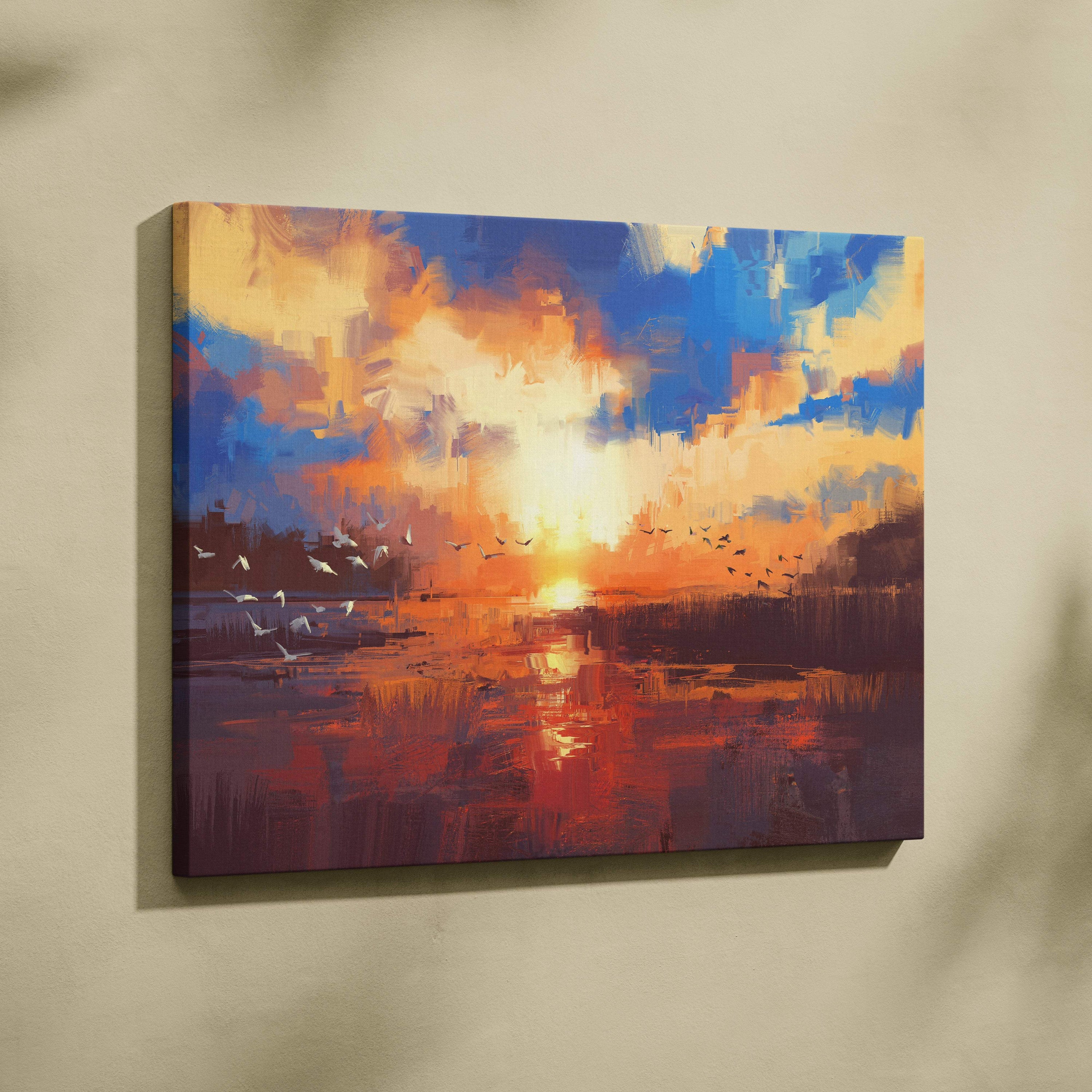 Vibrant sunset marsh painting style wall art canvas print with bold orange blue and gold brushstrokes of birds in flight over water