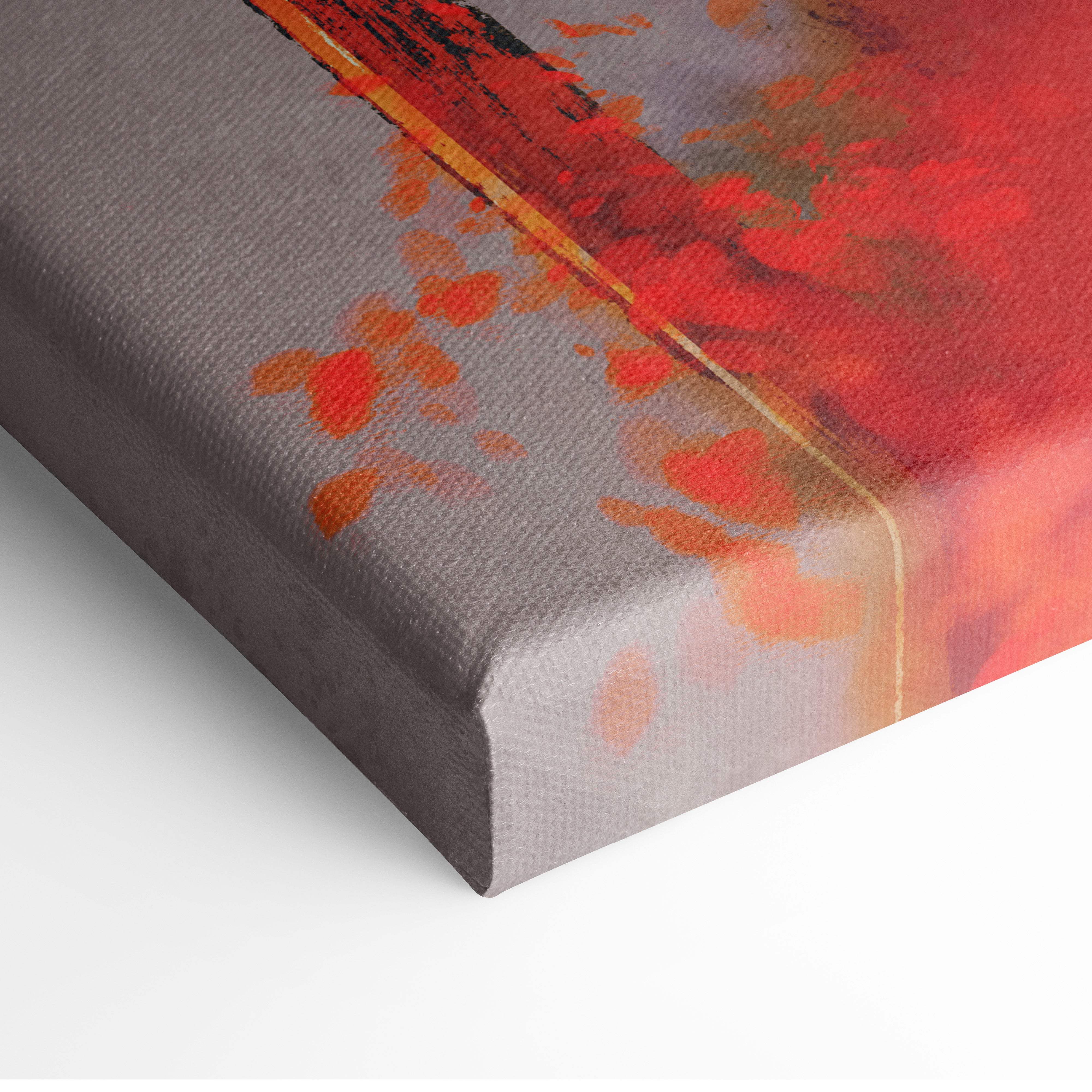 Shadow knight ascension textured gray canvas art with vibrant red and orange abstract paint splatters wall decor