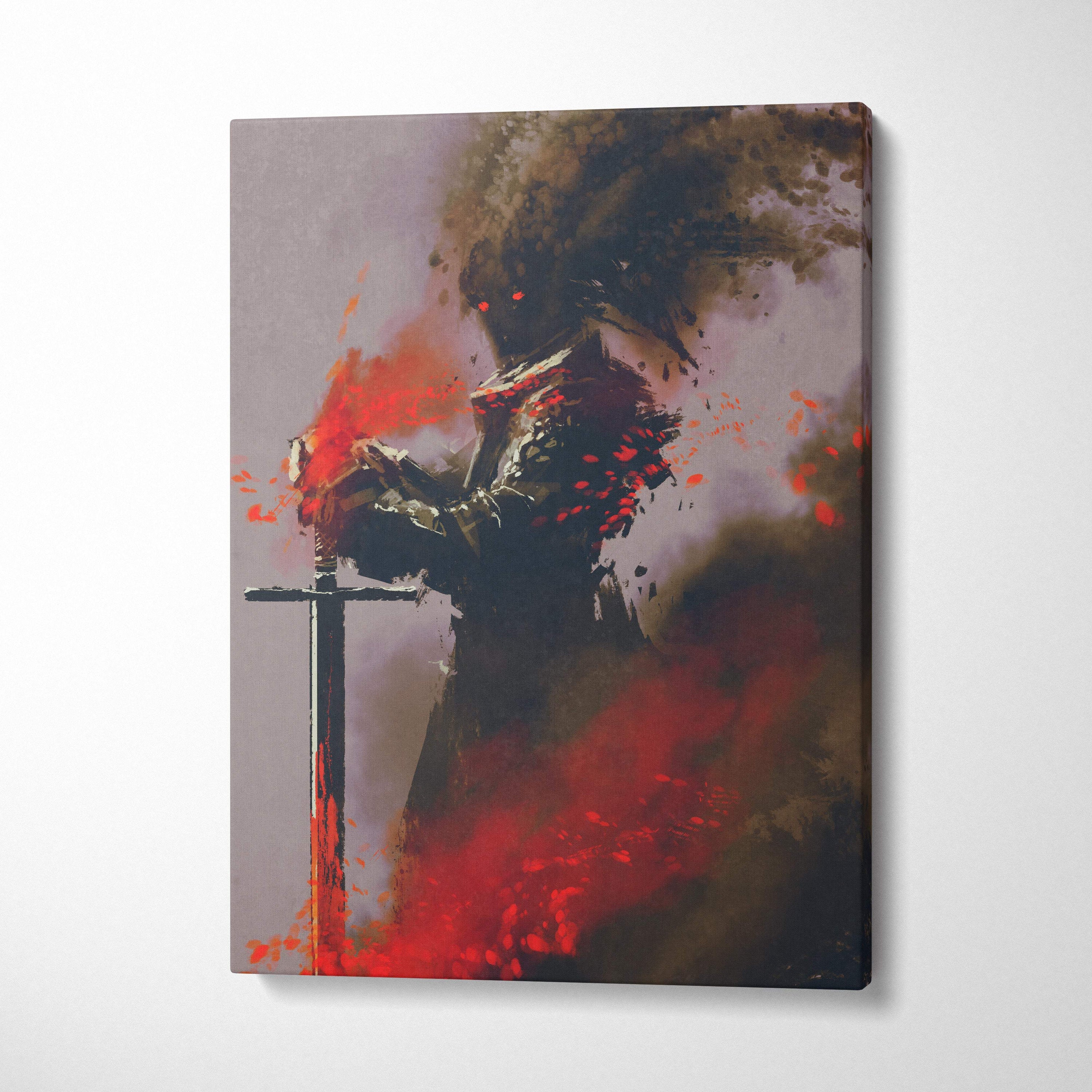 A dramatic dark fantasy warrior canvas print featuring a black and crimson armored figure with a sword amidst smoke