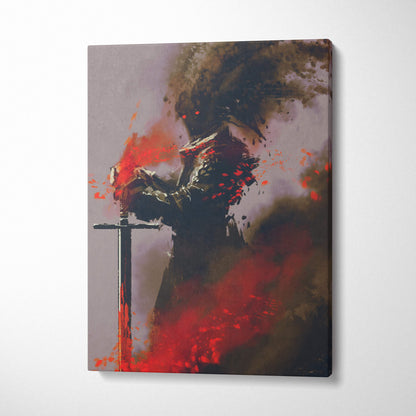 A dramatic dark fantasy warrior canvas print featuring a black and crimson armored figure with a sword amidst smoke