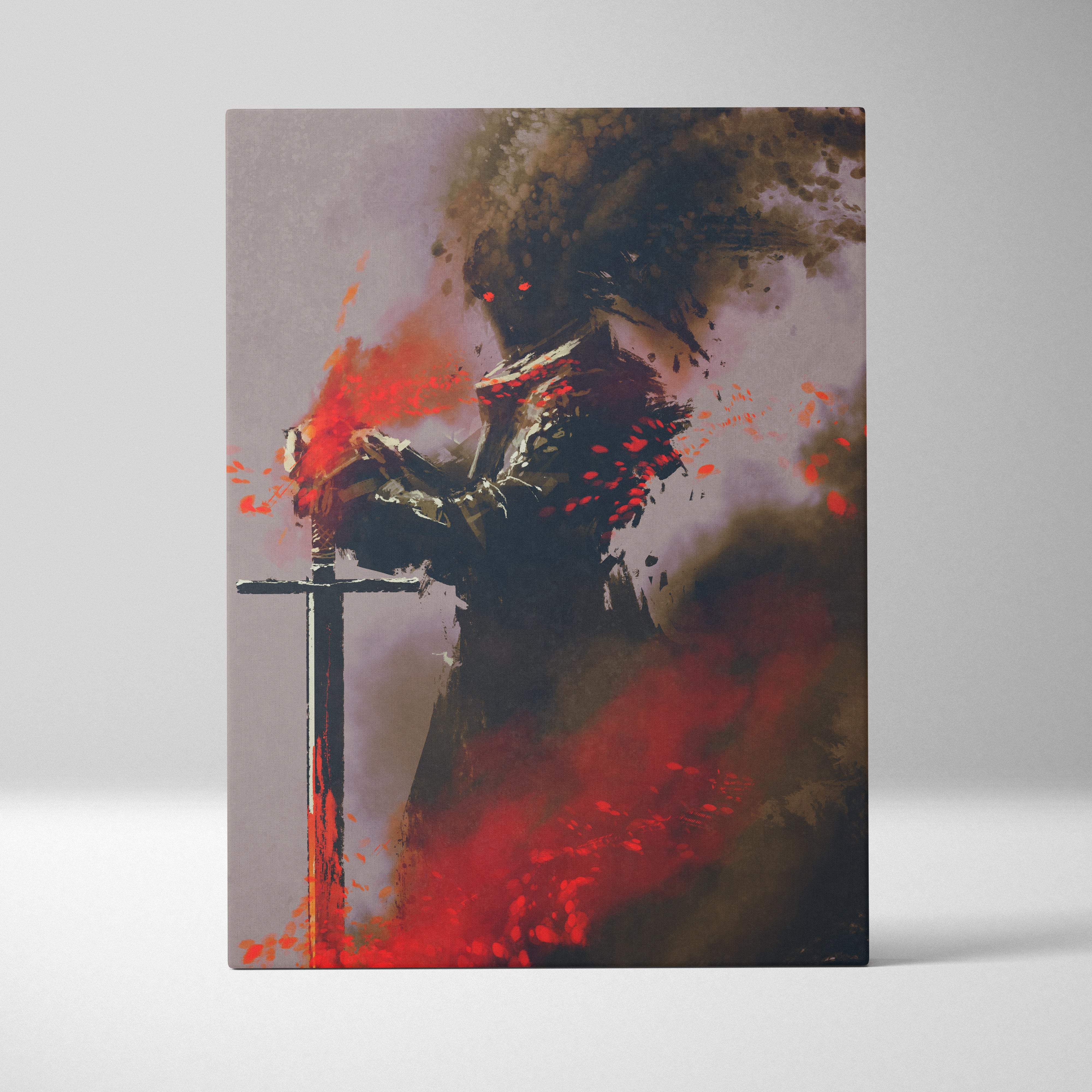 A dramatic dark fantasy warrior canvas print featuring a black and crimson armored figure with sword and smoke
