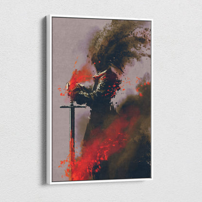 A framed canvas art of a dark fantasy knight in black and crimson smoke armor holding a sword with red paint splashes