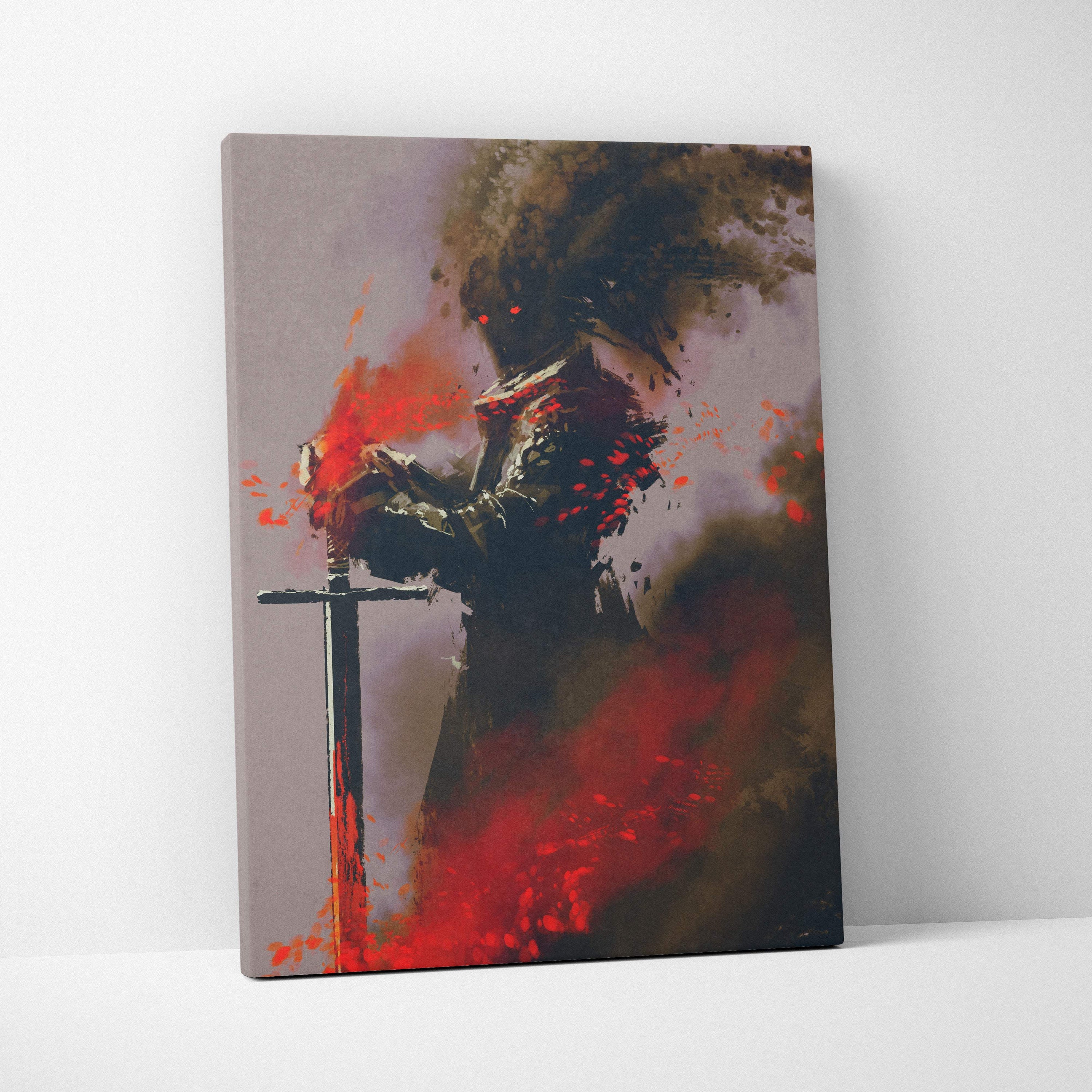Canvas painting of shadow knight ascension dark fantasy warrior in black and crimson smoke armor with sword and red splatters