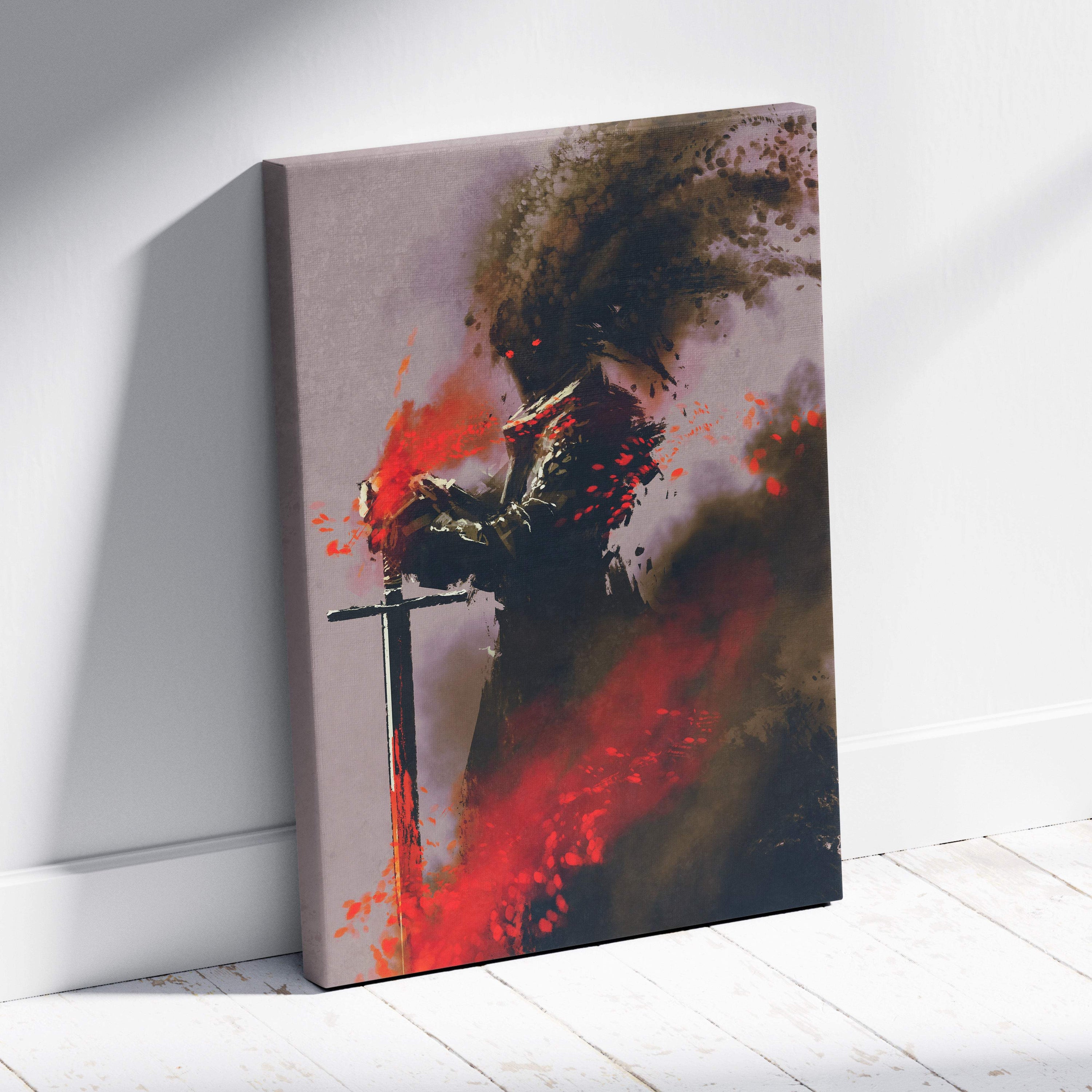 A canvas print of a dark fantasy warrior in black and crimson smoke armor holding a sword with vivid red splatters