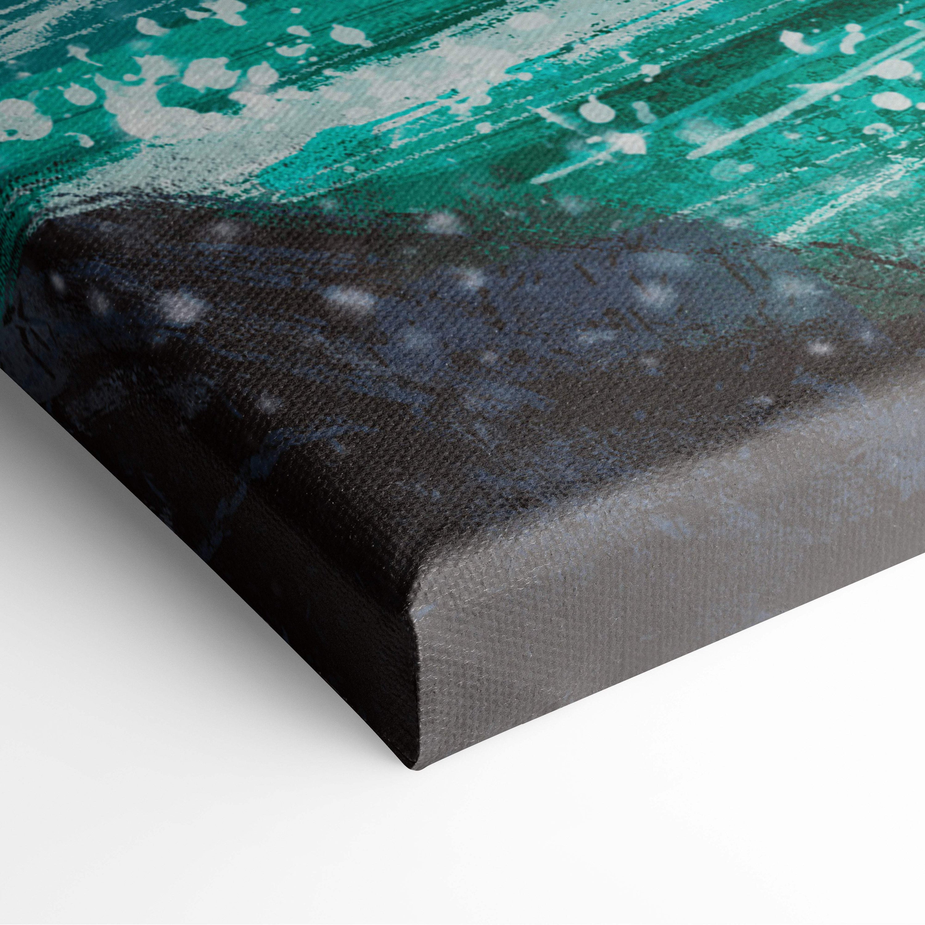 Coastal cliffs seascape wall art canvas print featuring abstract turquoise ocean waves with white splashes on dark base