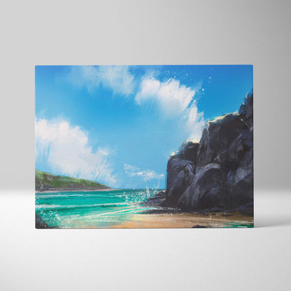 Rectangular canvas print of coastal cliffs seascape with turquoise waves and dark rocky cliffs under blue sky