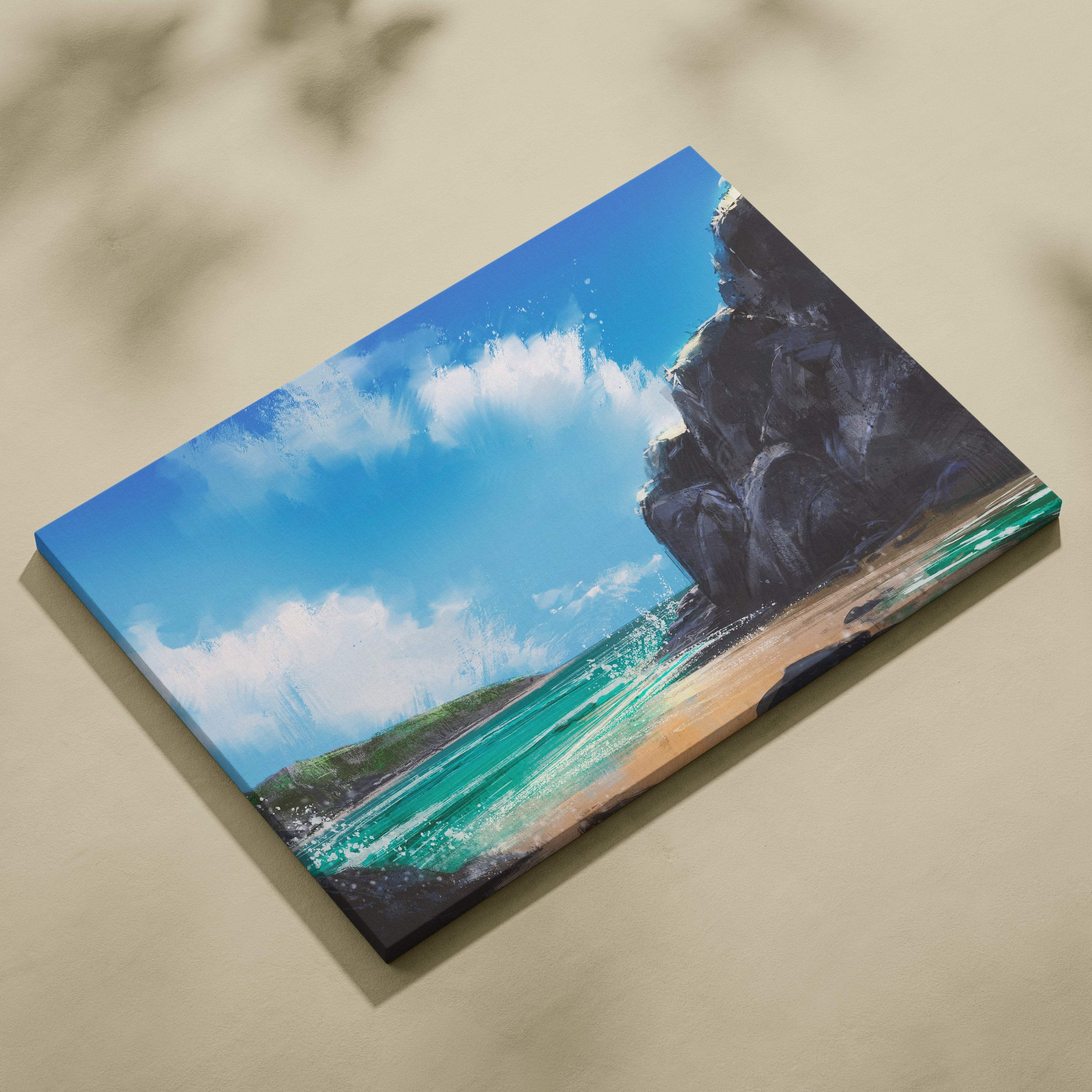 Coastal cliffs seascape canvas print featuring turquoise ocean waves, sunny beach, and dramatic rocky cliffs under a blue sky