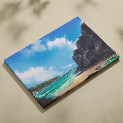 Coastal cliffs seascape canvas print featuring turquoise ocean waves, sunny beach, and dramatic rocky cliffs under a blue sky