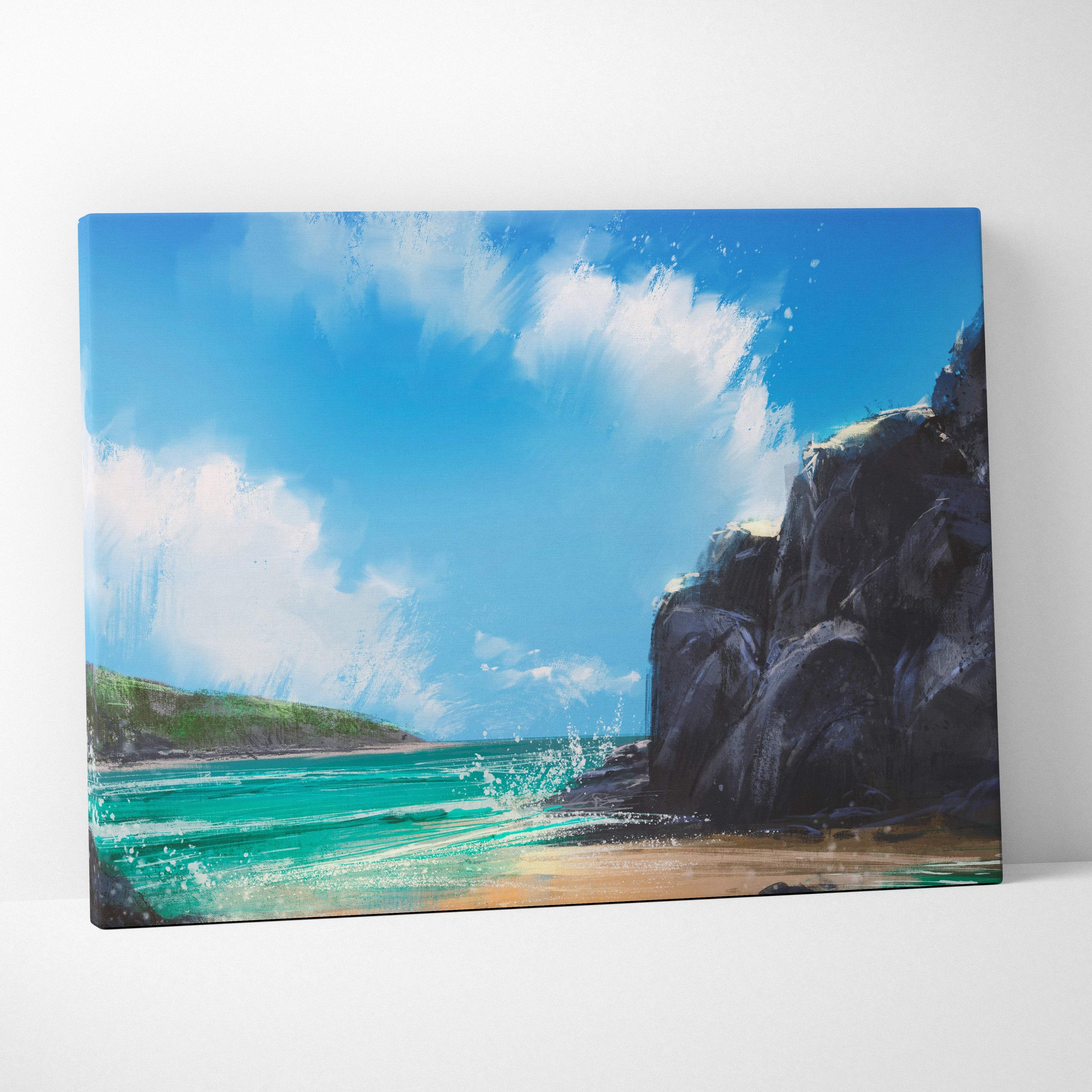 Coastal cliffs seascape canvas print featuring turquoise waves crashing on dark rocky cliffs under bright blue sky