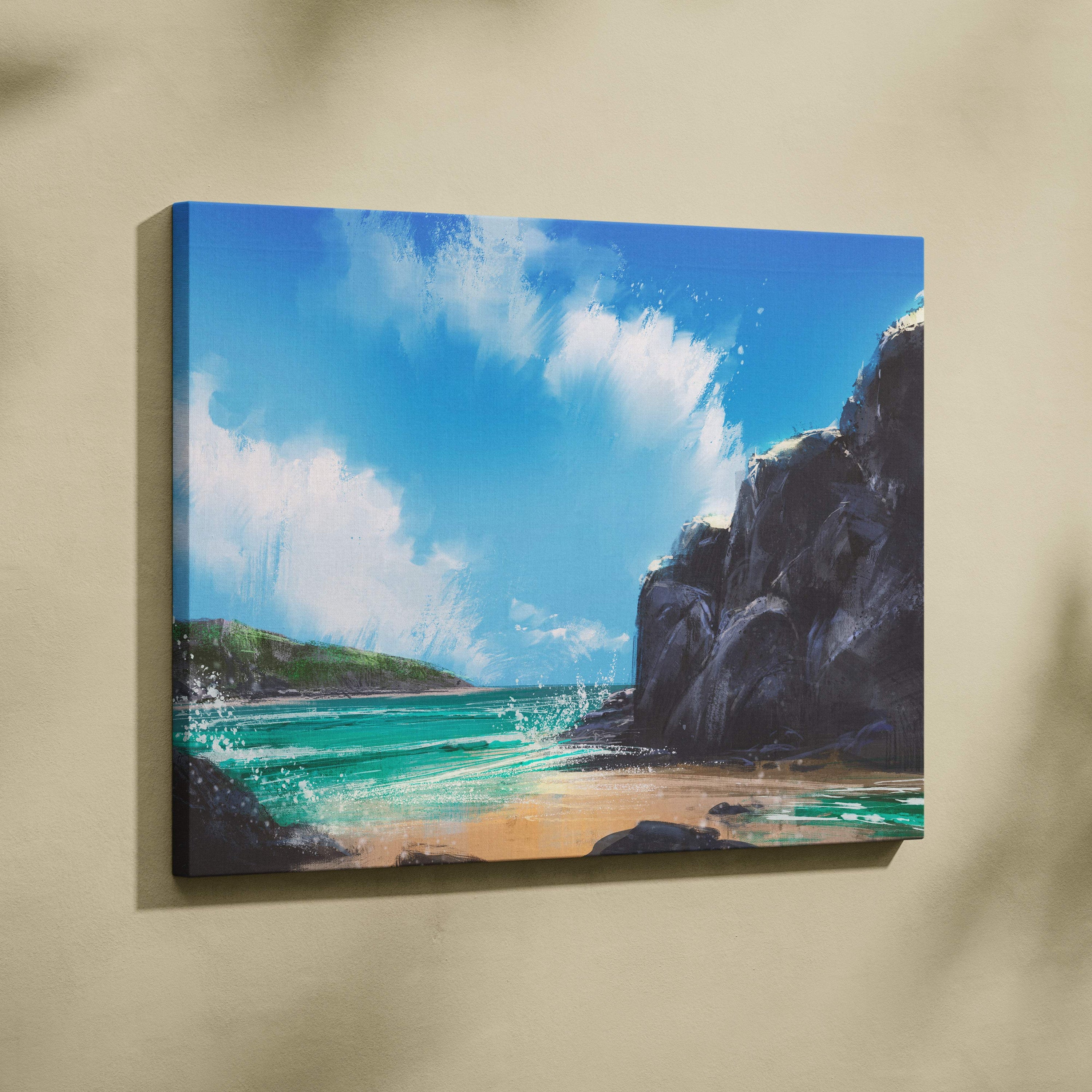 Beige wall-mounted canvas print of coastal cliffs seascape with turquoise waves, dark rocks, and bright blue sky