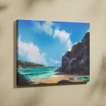 Beige wall-mounted canvas print of coastal cliffs seascape with turquoise waves, dark rocks, and bright blue sky