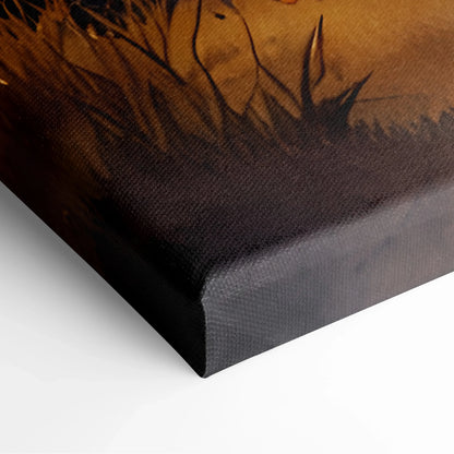 Close-up of textured canvas showing warm golden hour sunset watercolor art with silhouetted grass and smooth edges wall art.