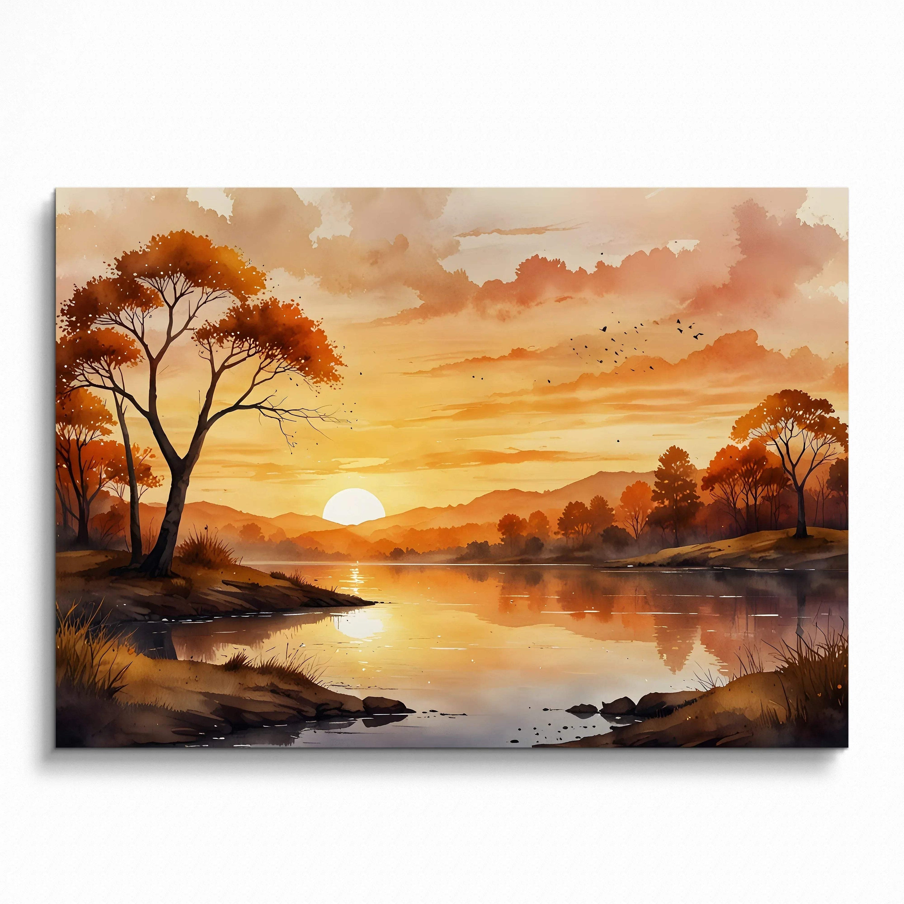 Watercolor sunset nature art poster featuring warm orange and brown tones with trees by a reflective river, wall art print.