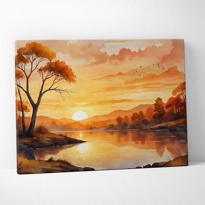 Watercolor canvas wall art of golden hour sunset over calm lake with silhouetted trees and hills.