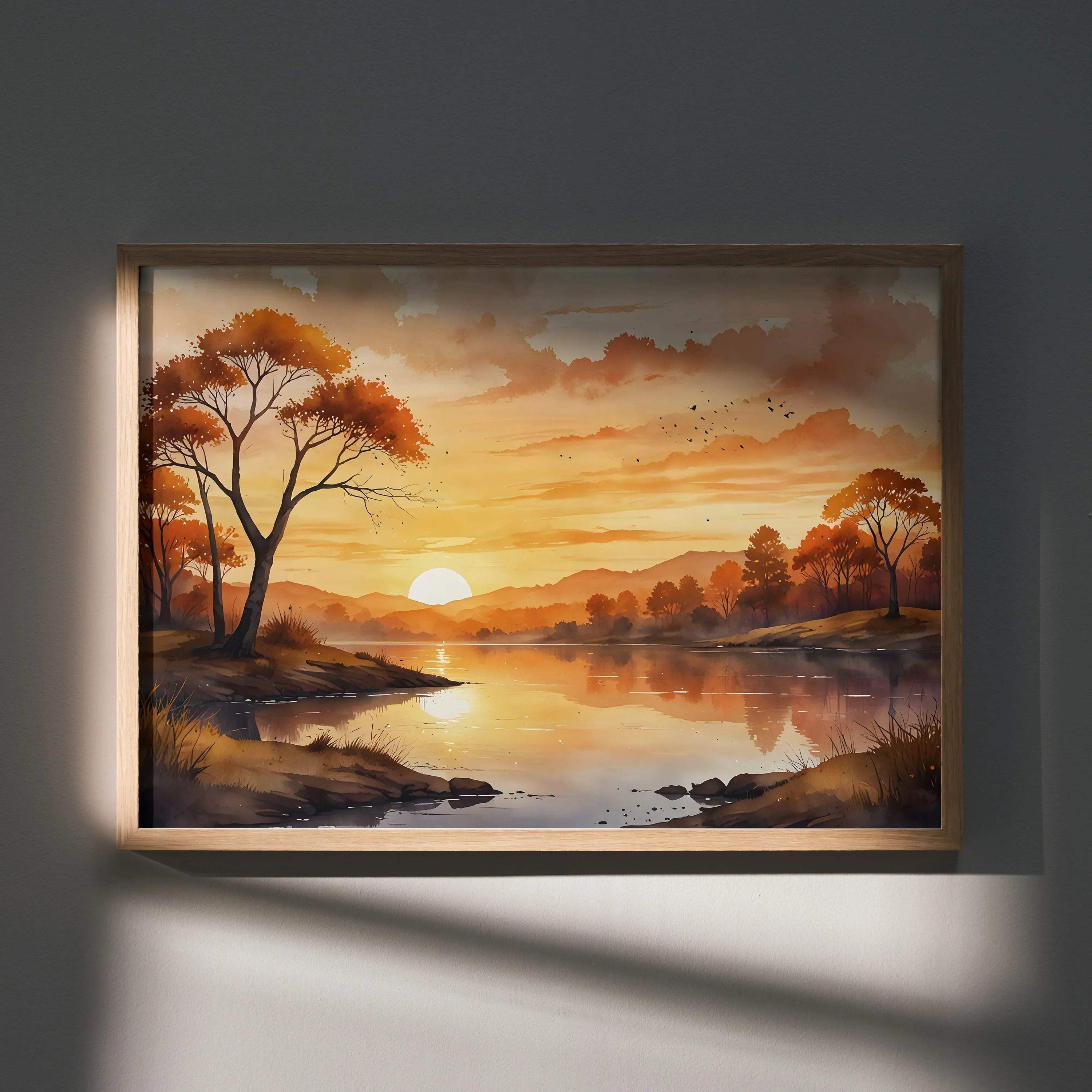 Watercolor sunset nature art poster with orange trees and a reflective lake, framed wall art.