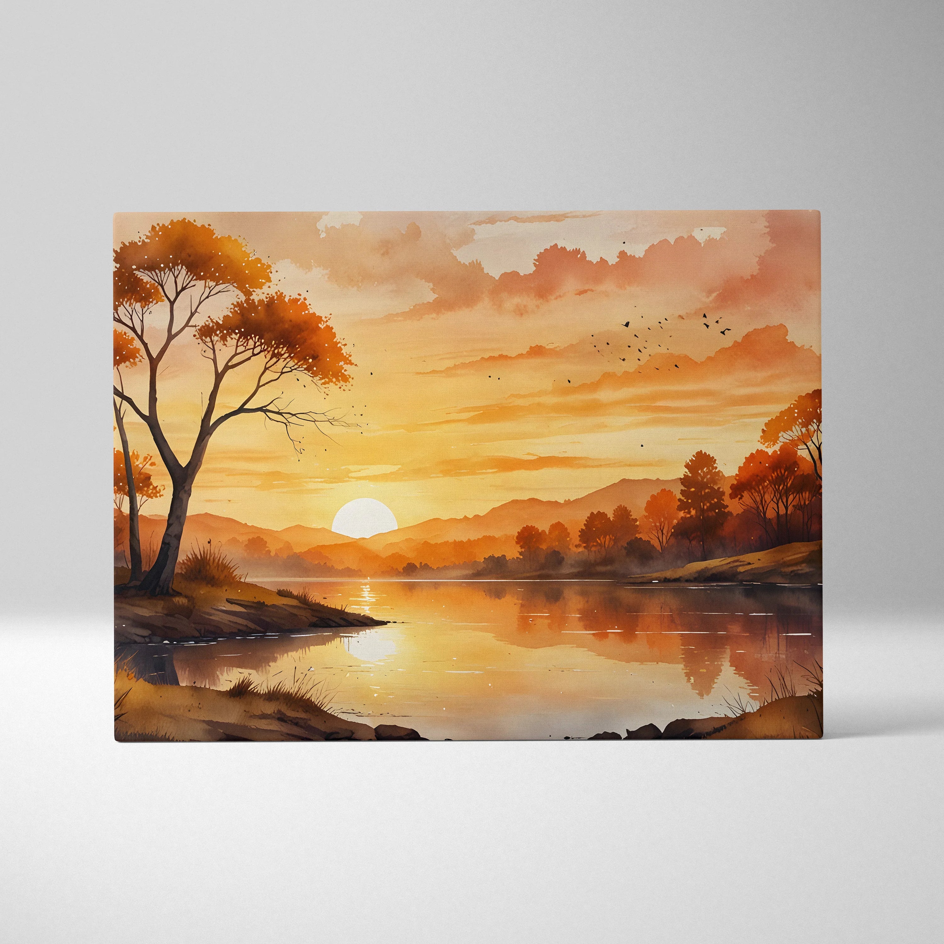 Golden hour sunset watercolor canvas wall art with tree and reflective river landscape.